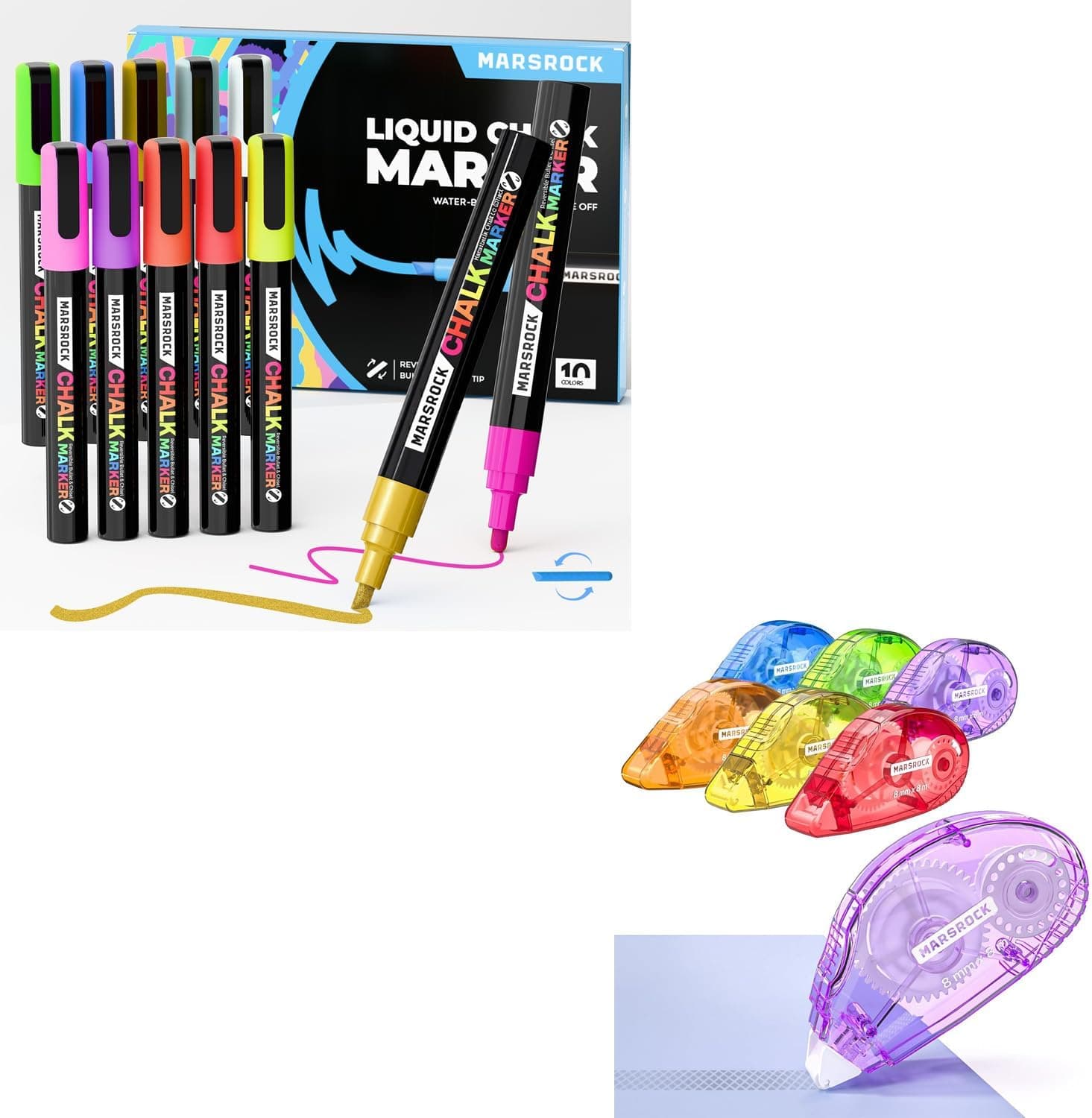 Marsrock Liquid Chalk Markers,10 Vibrant Colors Chalk Pens, Reversible Tip, Wet Erase, Water-Based Chalkboard Markers for Blackboards Double-Sided Adhesive Dots Roller – 6 Pack