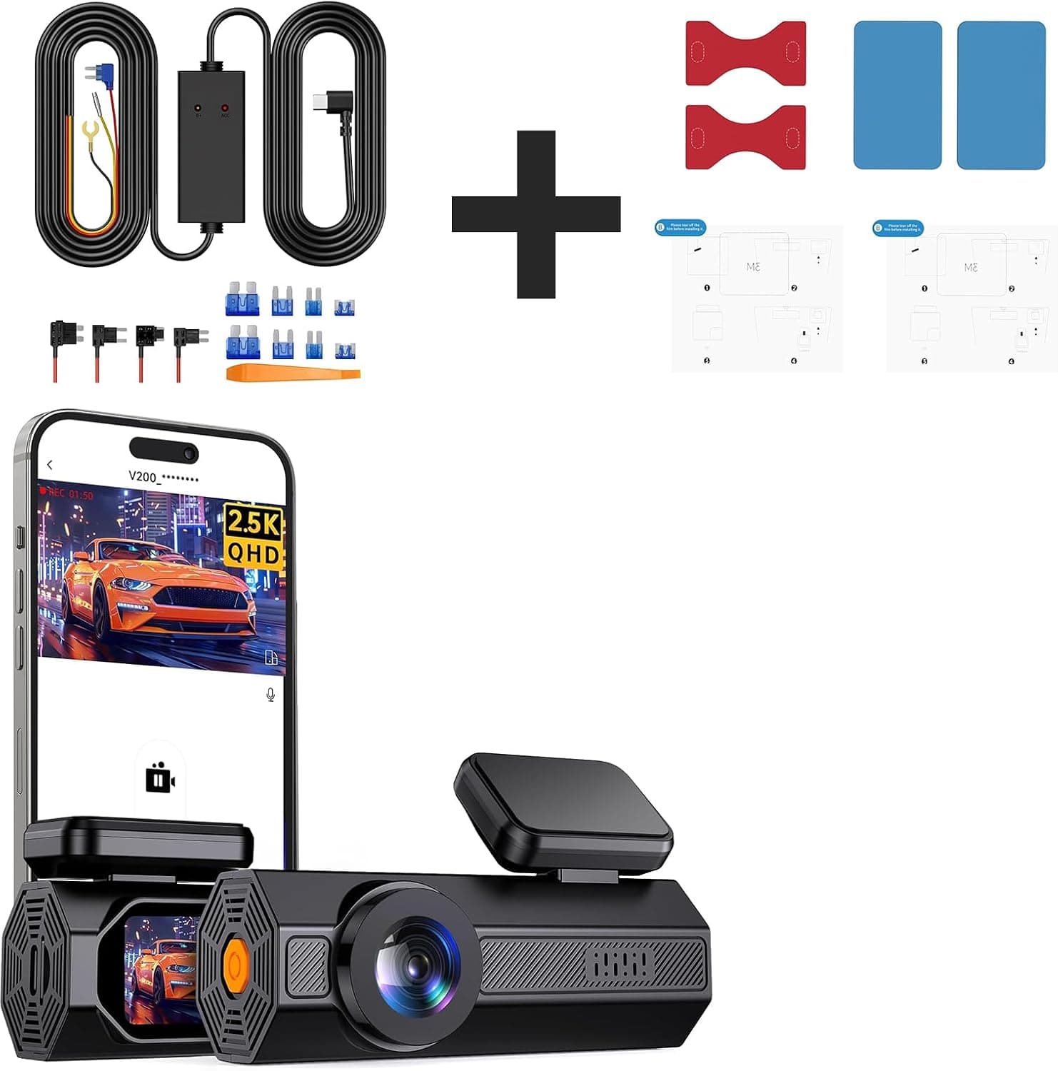 2.5K Dash Cam Front, V200PRO WiFi Dash Camera for Cars with App, with 3M Double-Sided Adhesive Pad & Electrostatic Sticker Set with 11.5ft Type-C Dash Cam Hardwire Kit (V5F), 24/7 Parking Monitor Das