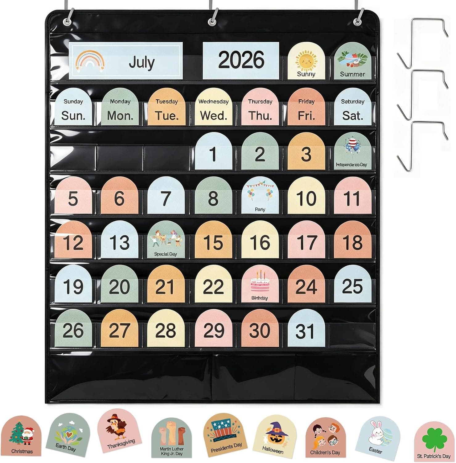 BESARME Classroom Calendar Pocket Chart, Pocket Calendar for Kids 45 Pockets with 150 Cards and 3 Hooks - 32 x 24 in Size for Home Learning, Kindergarten Circle Time and Classroom Schedule (Boho)