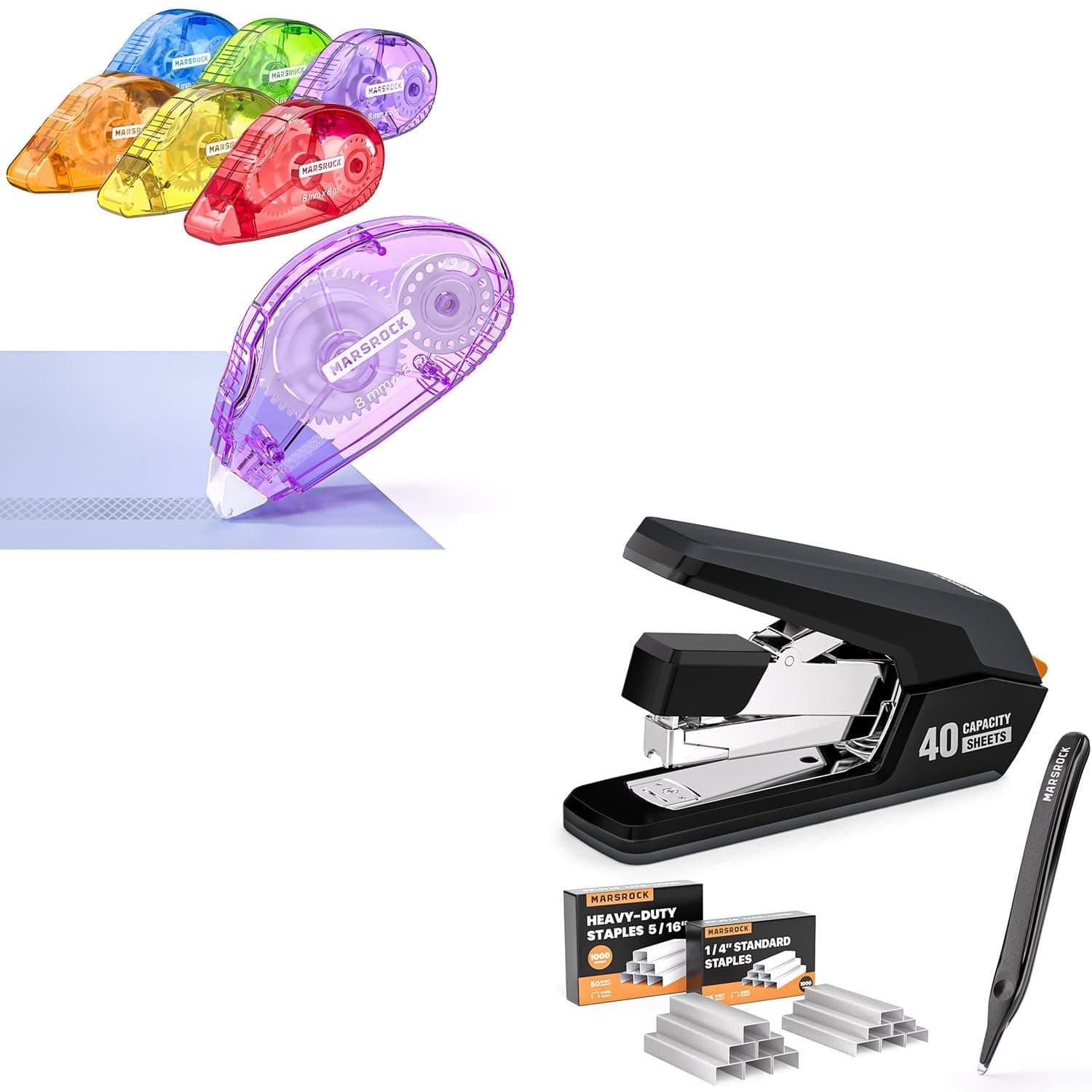 Marsrock Double-Sided Adhesive Dots Roller + Effortless Stapler for Desk with 40-50 Sheet Capacity, 2000 Staples