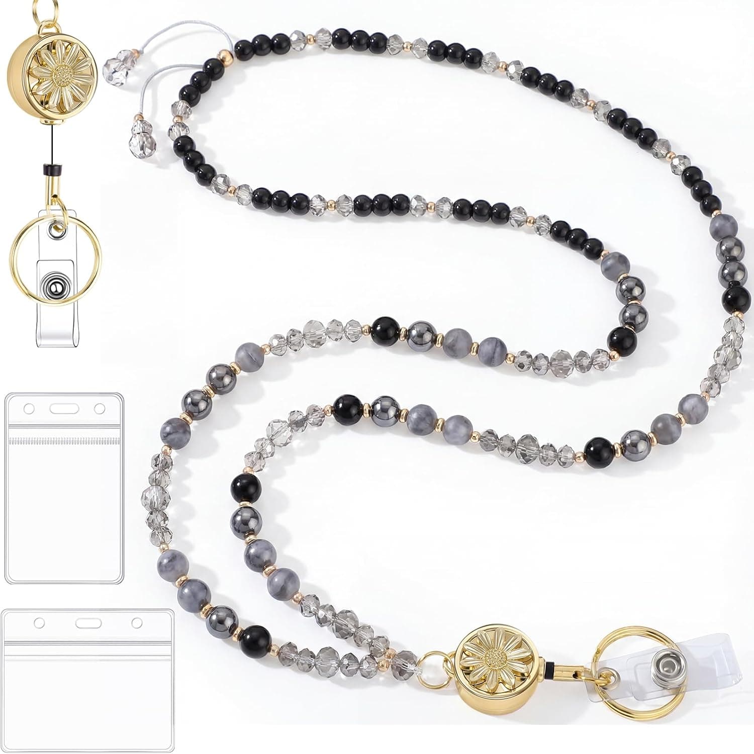 Teacher Lanyard for ID Badges Retractable Badge Reel Natural Stone Beaded Lanyards for Women ID Card Badge Holder Teacher Gifts with Flower Petal