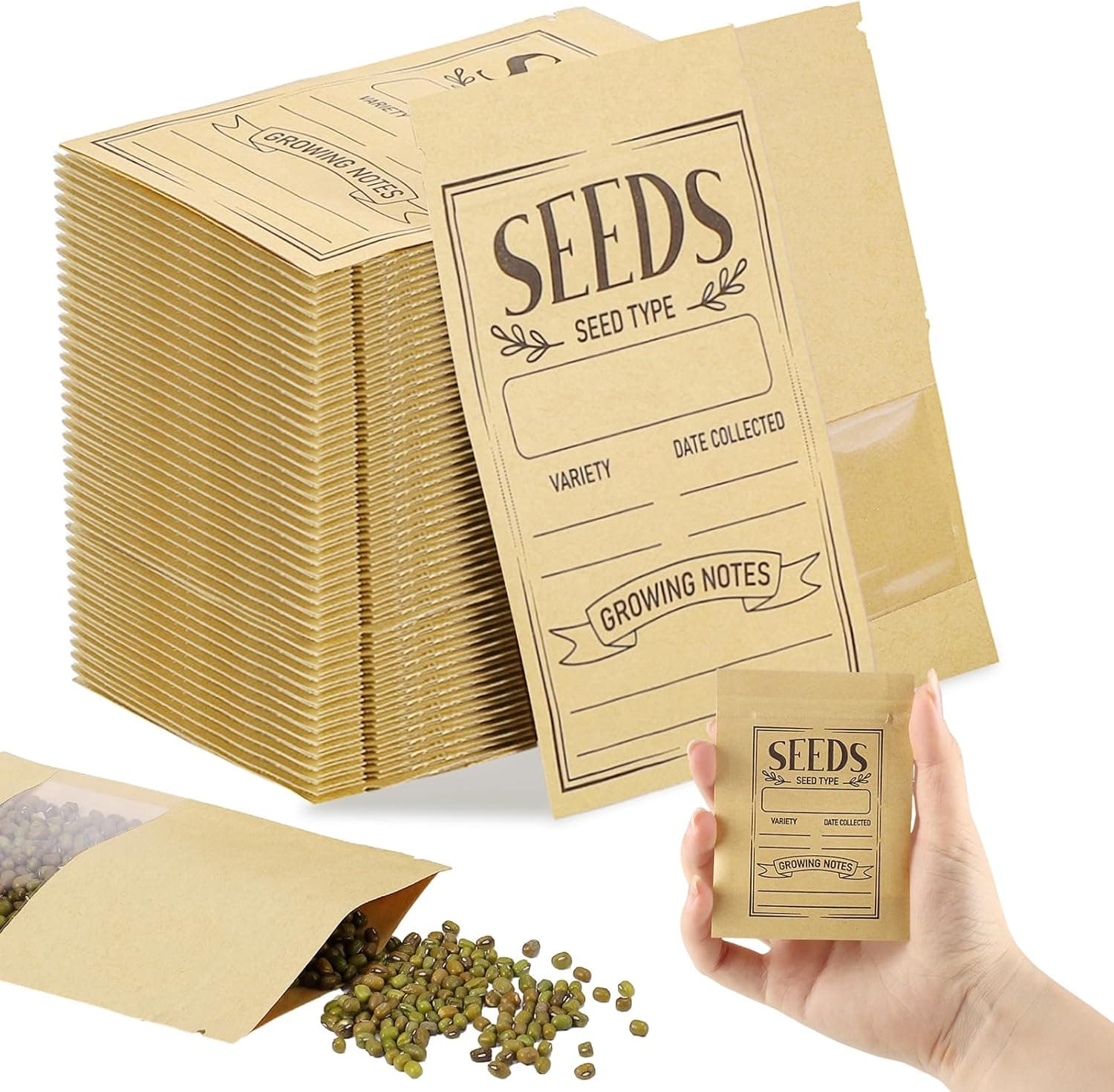 150Pcs Small Seed Envelopes Organizer 2.75" x 3.74" Resealable Seed Storage Packets with Transparent Windows for Garden Vegetable Flower Seeds Gifts