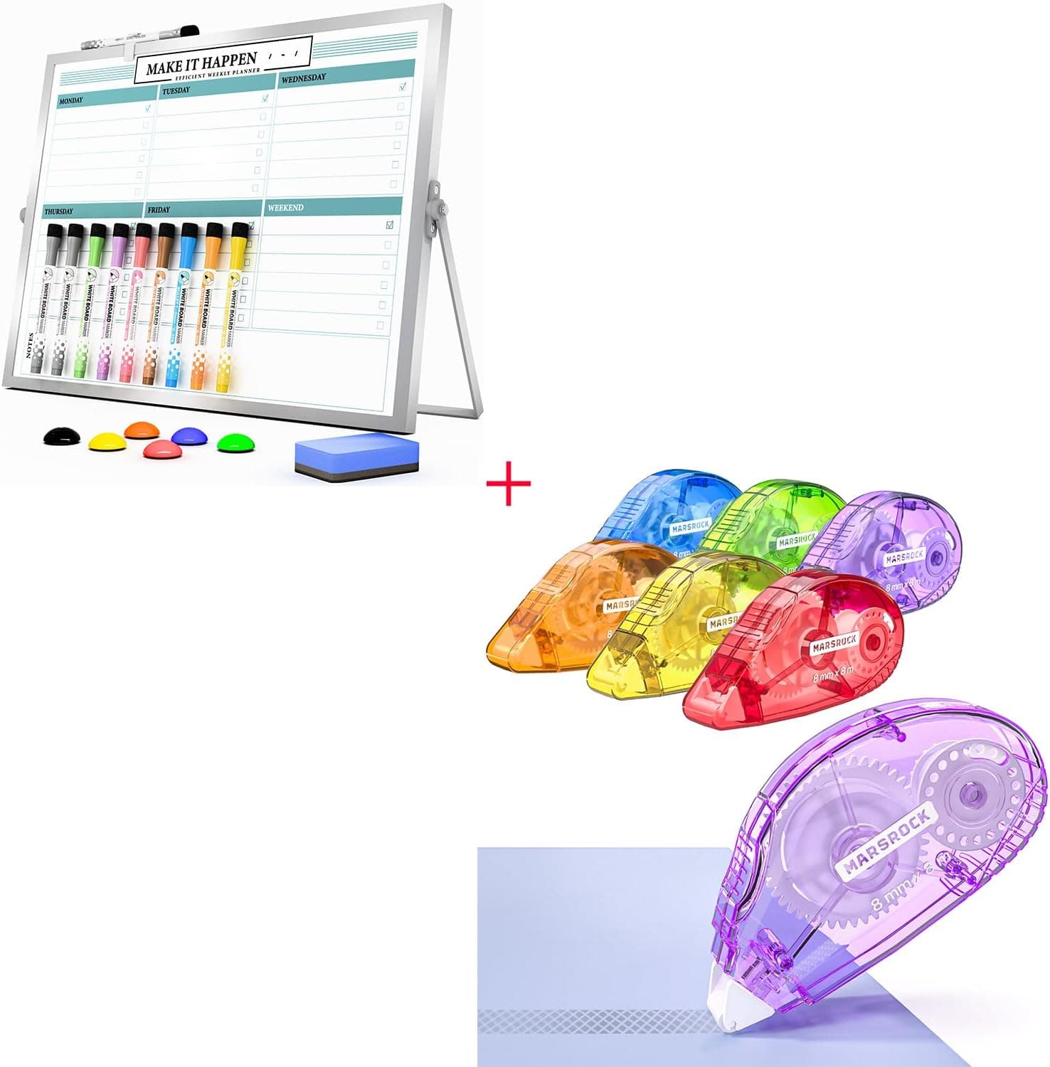 Marsrock Dry Erase White Board with Stand + Double-Sided Adhesive Dots Roller – 6 Pack