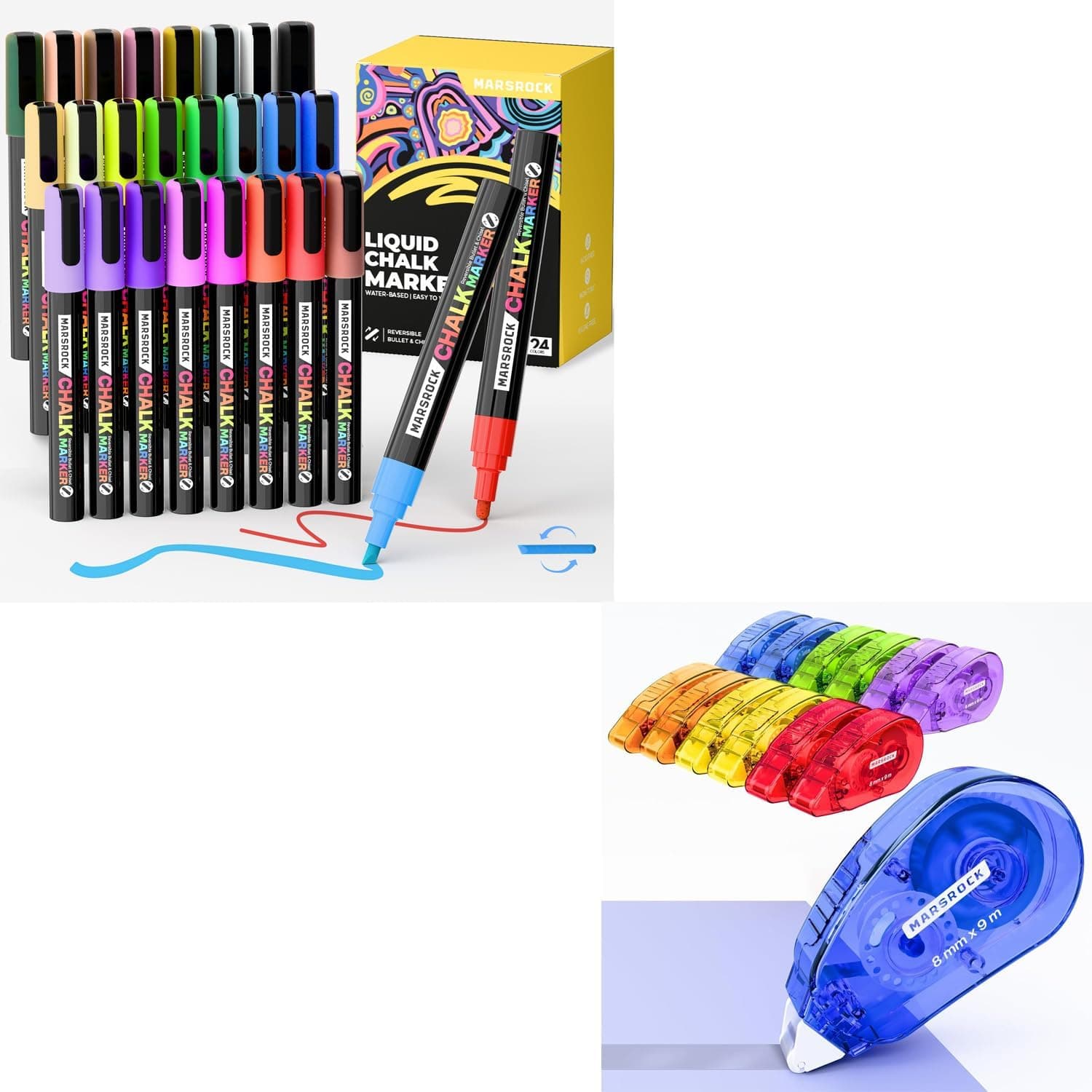 Marsrock Liquid Chalk Markers,24 Vibrant Colors Chalk Pens Double-Sided Tape Roller for Scrapbooking 12-Pack