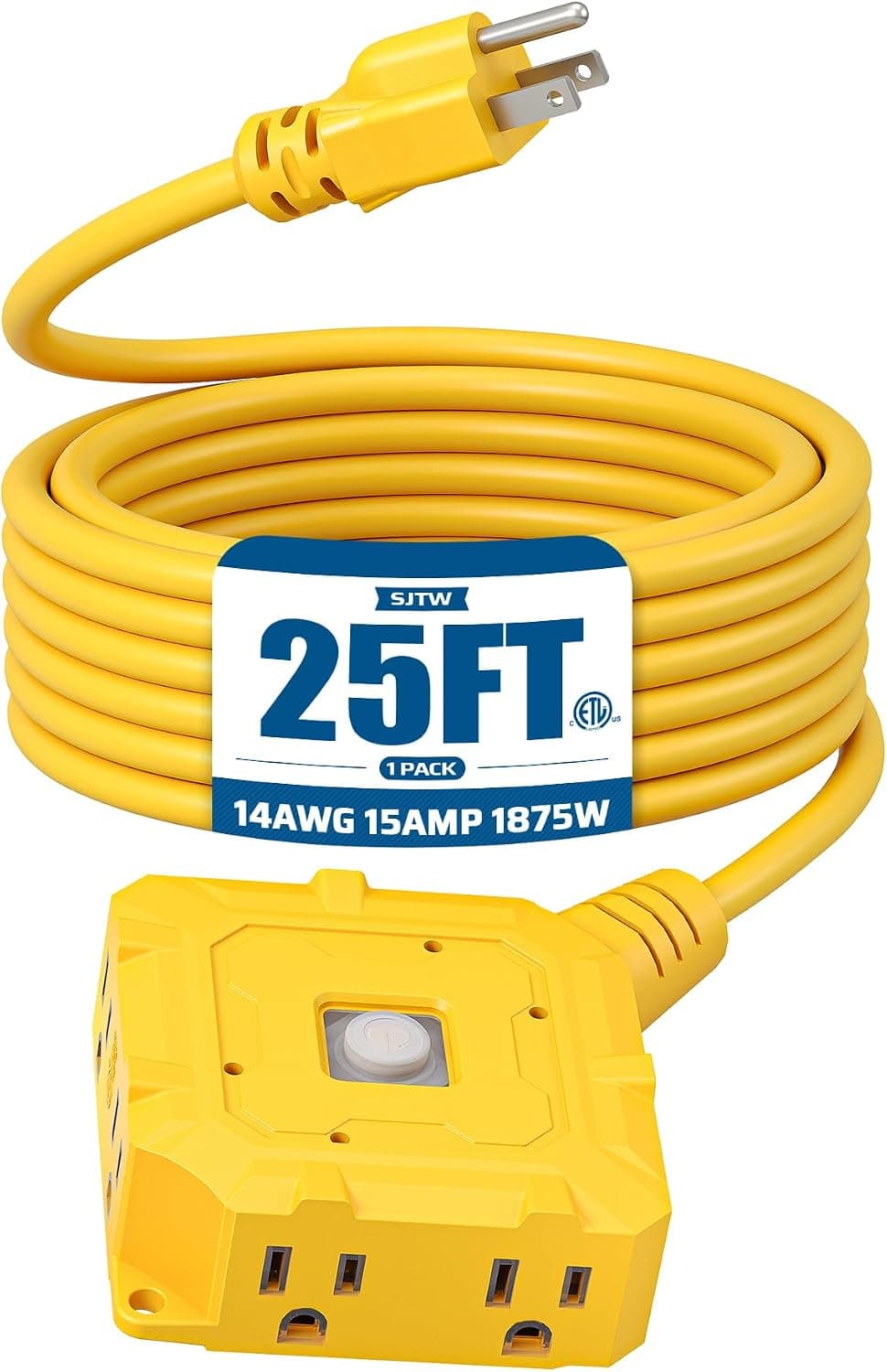 DEWENWILS 25FT Heavy Duty Outdoor Extension Cord, 6 Outlets with On/Off Switch, 14/3 Gauge SJTW, Waterproof Silicone Cover, Lighted End with Indicator, 15A 125V 1875W, ETL Listed, Yellow Power Cord
