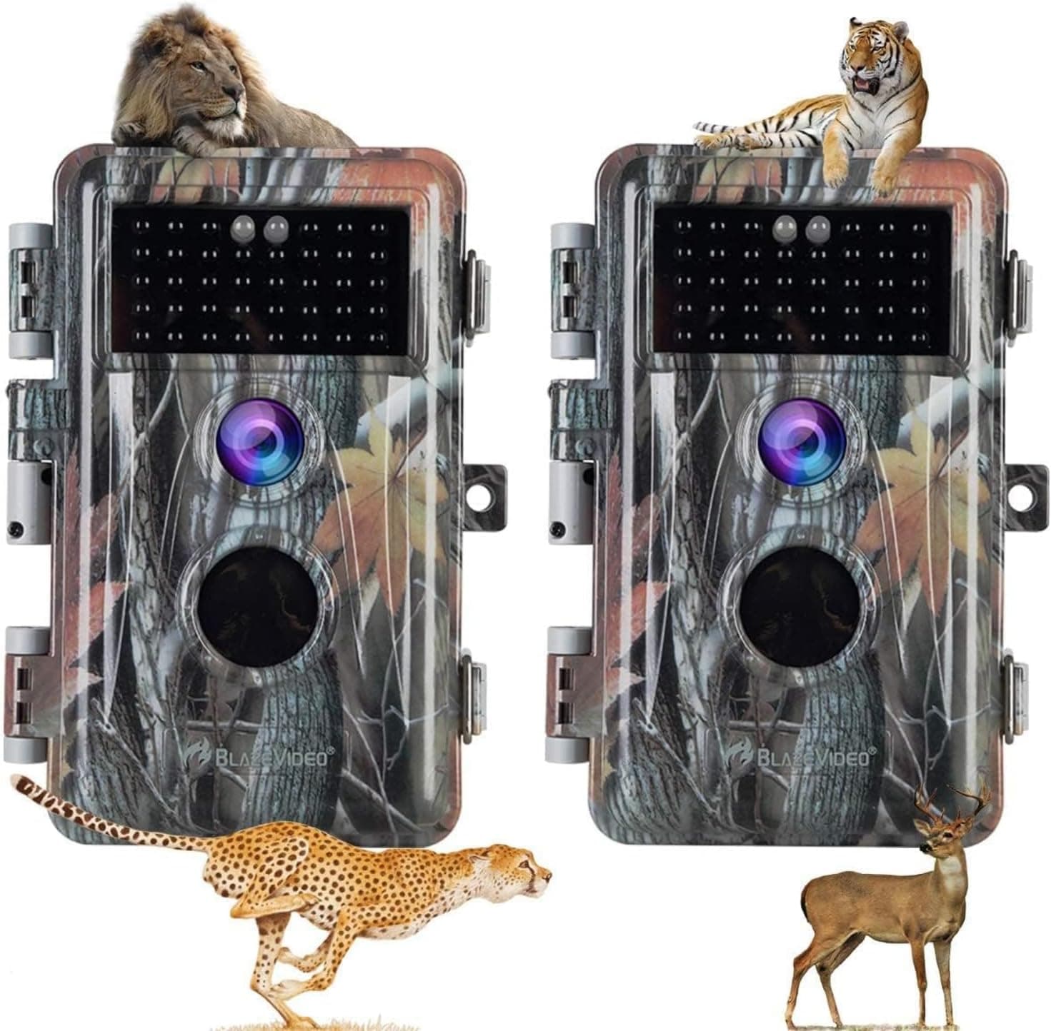 BLAZEVIDEO 2-Pack Trail Camera 64MP 1296P Video, 940nm No-Glow Night Vision, 70° Focused PIR Detection (Fewer False Alerts), 0.3s Trigger Motion Activated IP66 Waterproof Game Cam for Wildlife & Yard