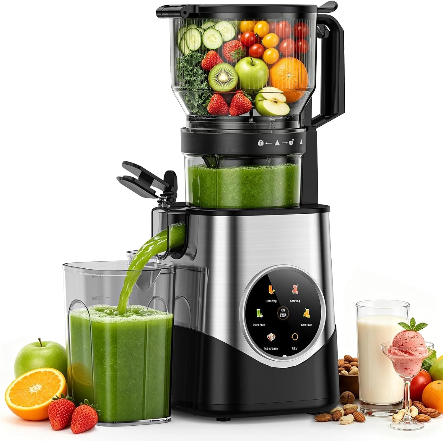 COWSAR 3-in-1 Cold Press Juicer Machines with 6.1" Extra Wide Chute, Smart Touch Slow Masticating Juicers for Whole Fruits & Vegetables, Makes Juice, Nut Milk & Sorbe