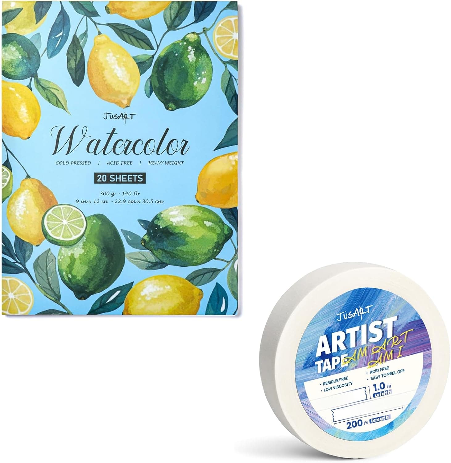 JusArt Watercolor Paper Pad 9"x12", 300gsm/140lb, Cold Press Water Color Paper + 1 inch Artist Tape for Watercolor Paper