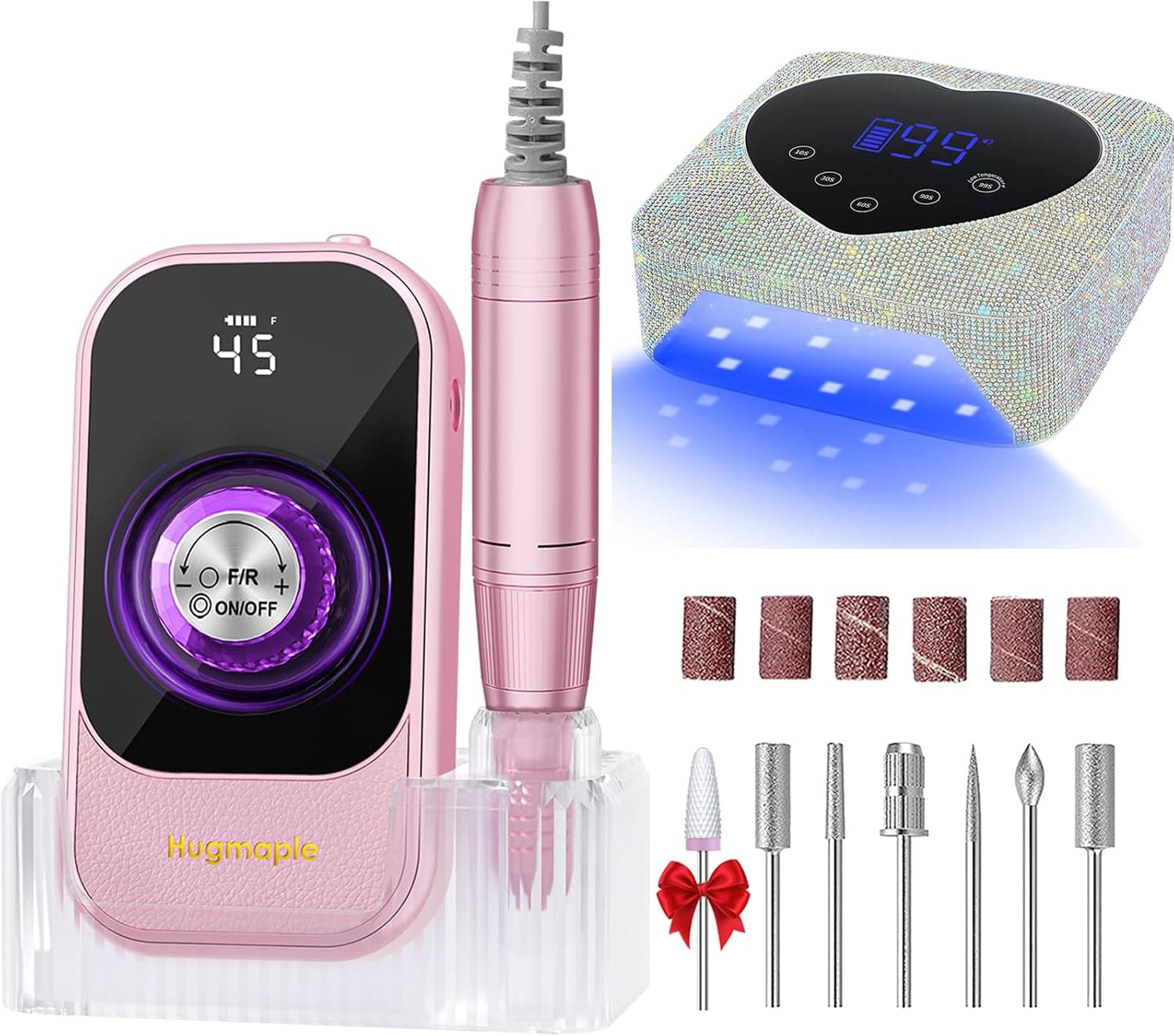 45000RPM Portable Electric Nail Drill with 7 Bits & Base & Cordless Rechargeable UV Nail Lamp