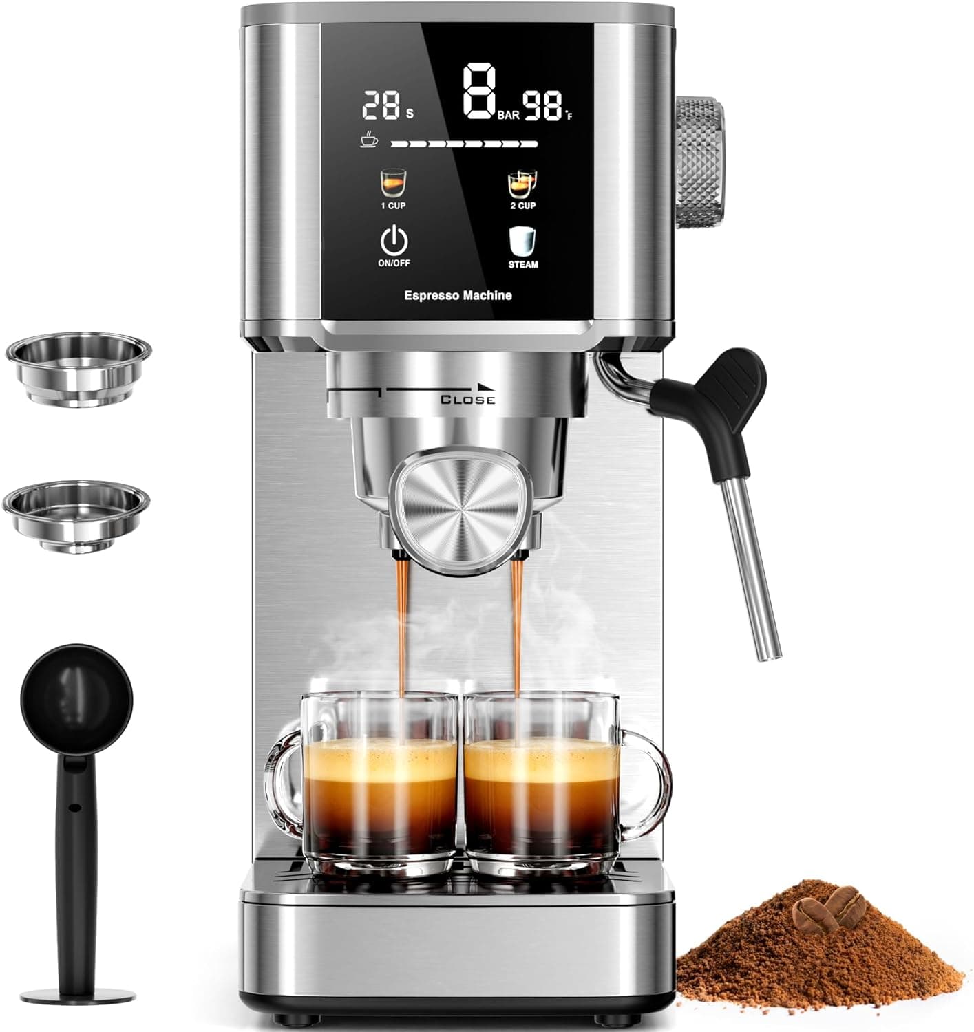 Kismile Espresso Machine with LED Screen & Milk Frother, Stainless Steel Coffee Maker with Thermo Block Heating & Pre-Brew System, Customizable Shot Memory, Ideal Gift for Baristas