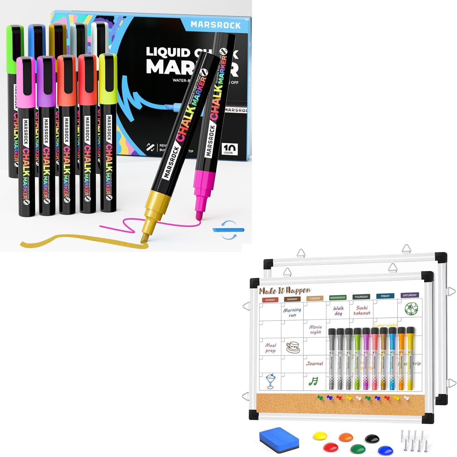 Marsrock Liquid Chalk Markers,10 Vibrant Colors Chalk Pens, Reversible Tip, Wet Erase, Water-Based Chalkboard Markers for Blackboards+ Weekly Dry Erase Board and Cork Board