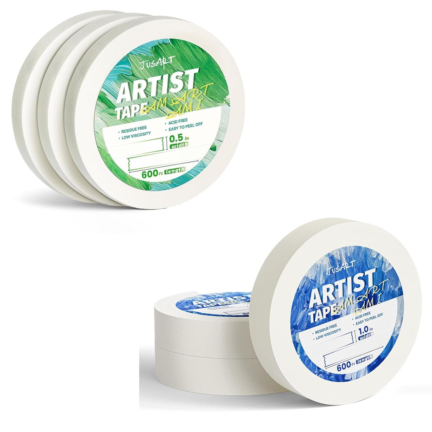 JusArt 6 Packs Artist Tape for Watercolor Paper, 1/2 inch and 1 Inch Wide Total 1200FT Long, White Art Tape for Framing, Drawing, Painting, Acid Free, Low Tack