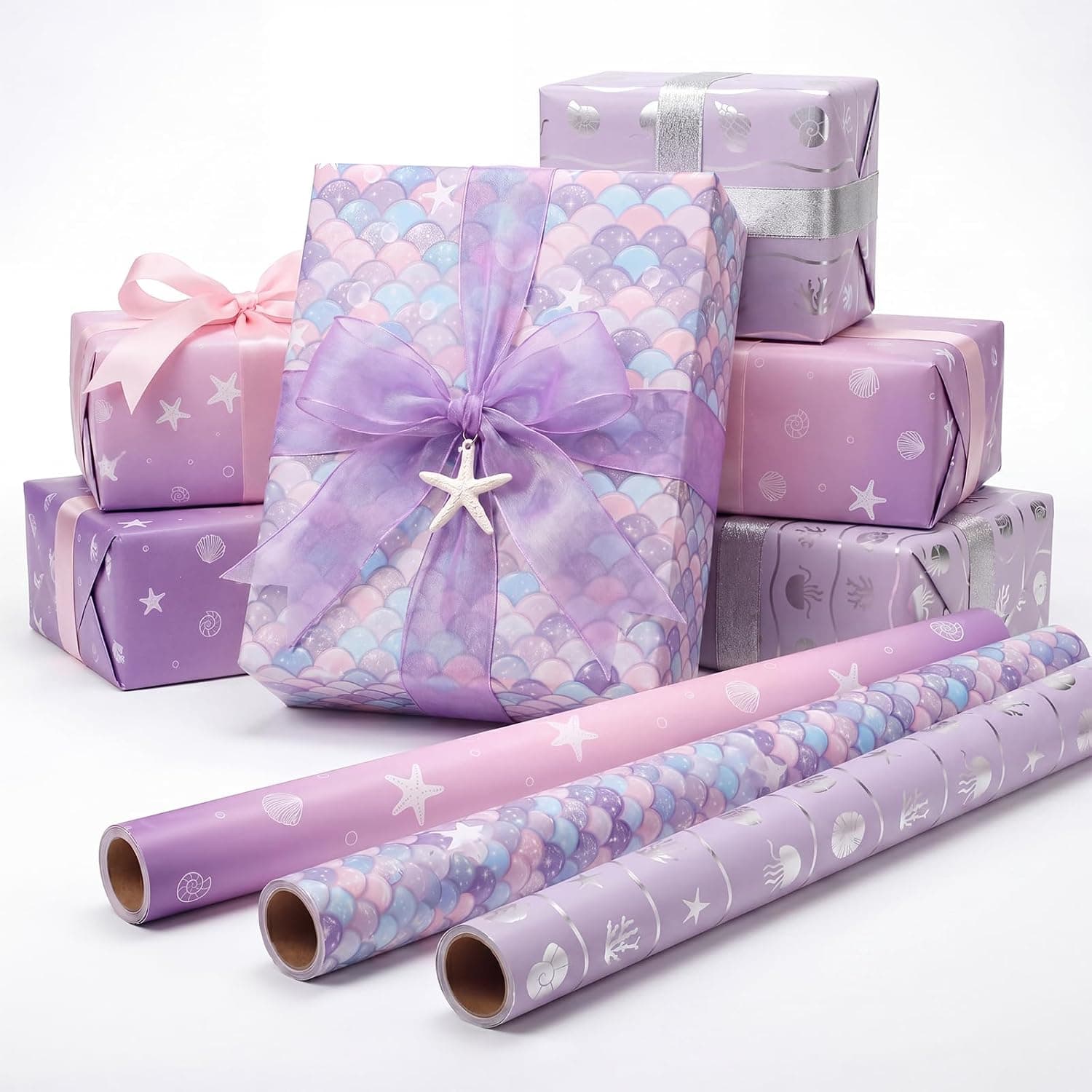 woric Mermaid Wrapping Paper- Mini Roll - Birthday Wrapping Paper Girls | Purple Scale Wrap Paper with Silver Foil for Girls Kids Birthday Ocean Theme Party Baby Shower Decor- 17 In x 120 In Per Roll