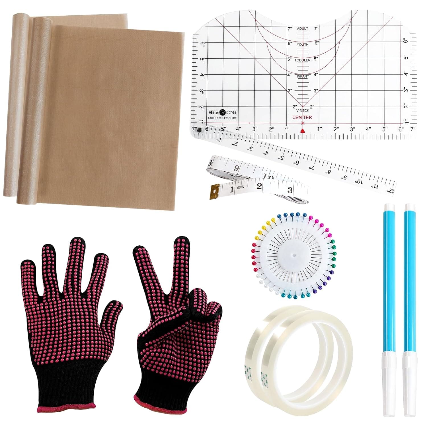 HTVRONT Sublimation Accssories for Heat Press - 8x14 Tshirt Ruler Guide, 12x16 PTFE Sheets, Heat Resistant Gloves, 10mm Heat Tapes, Water Soluble Marker Pens, Sublimation Supplies Bundle Kit