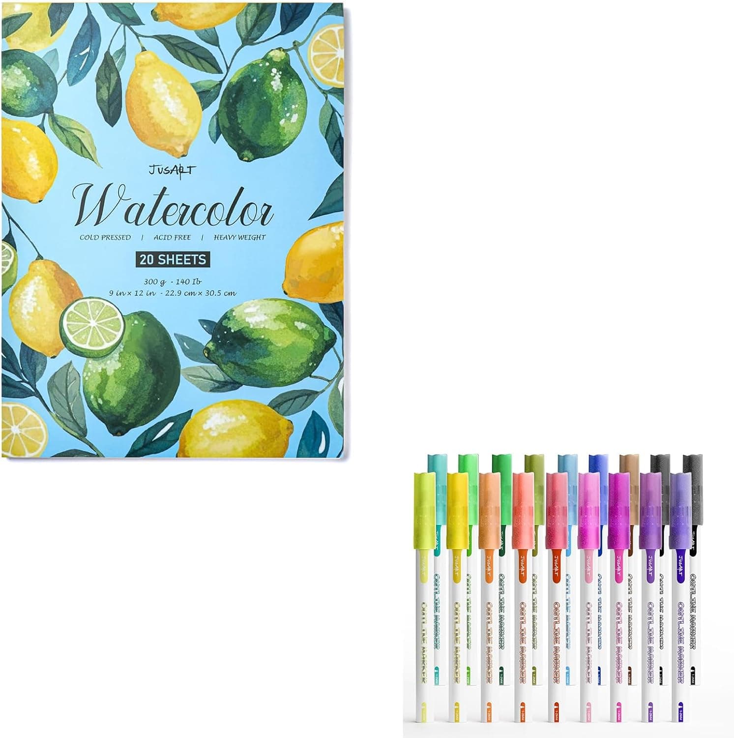 JusArt Watercolor Paper Pad 9"x12" + Outline Sparkle Markers 18 Colors