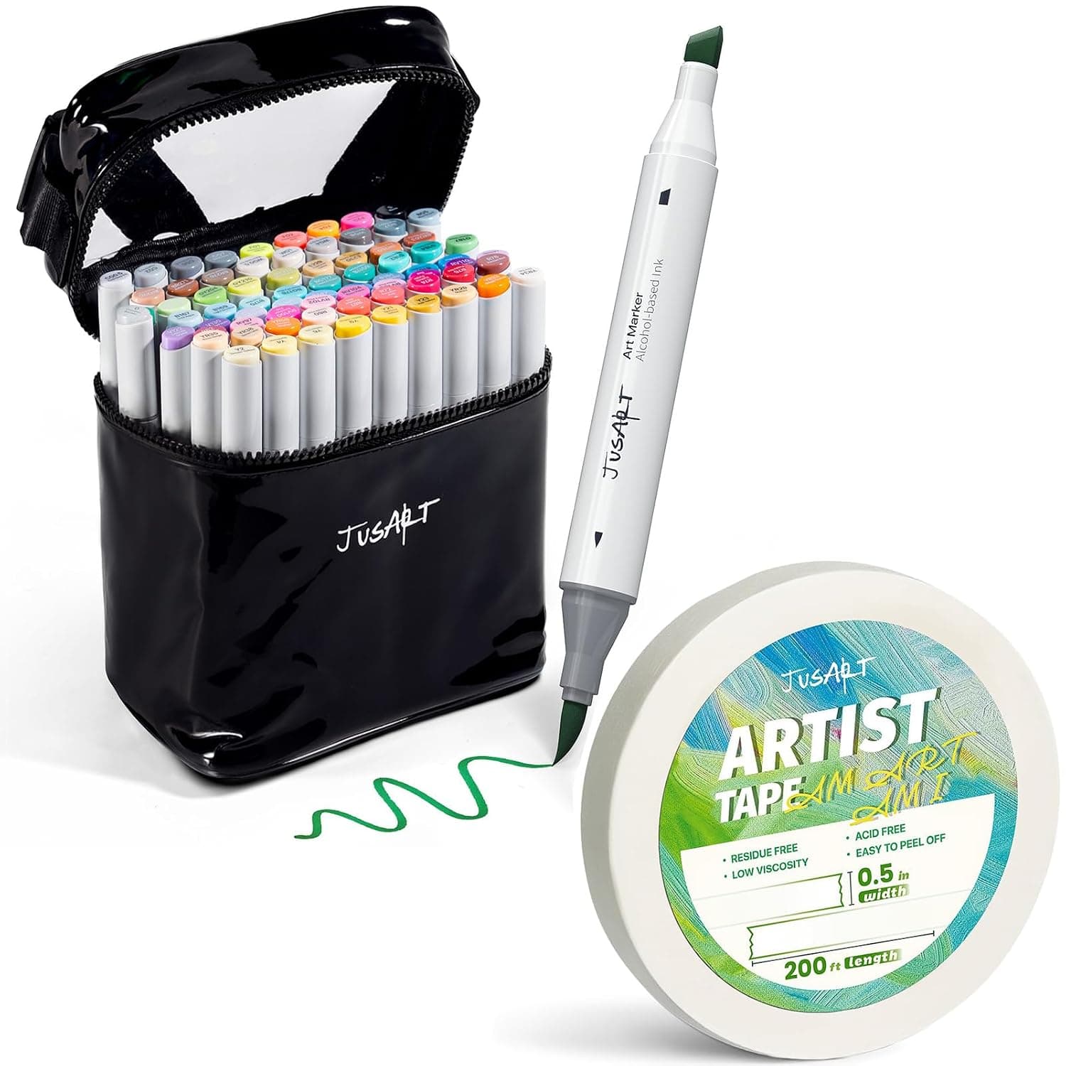 JusArt 72 Alcohol Brush Markers + Artist Tape