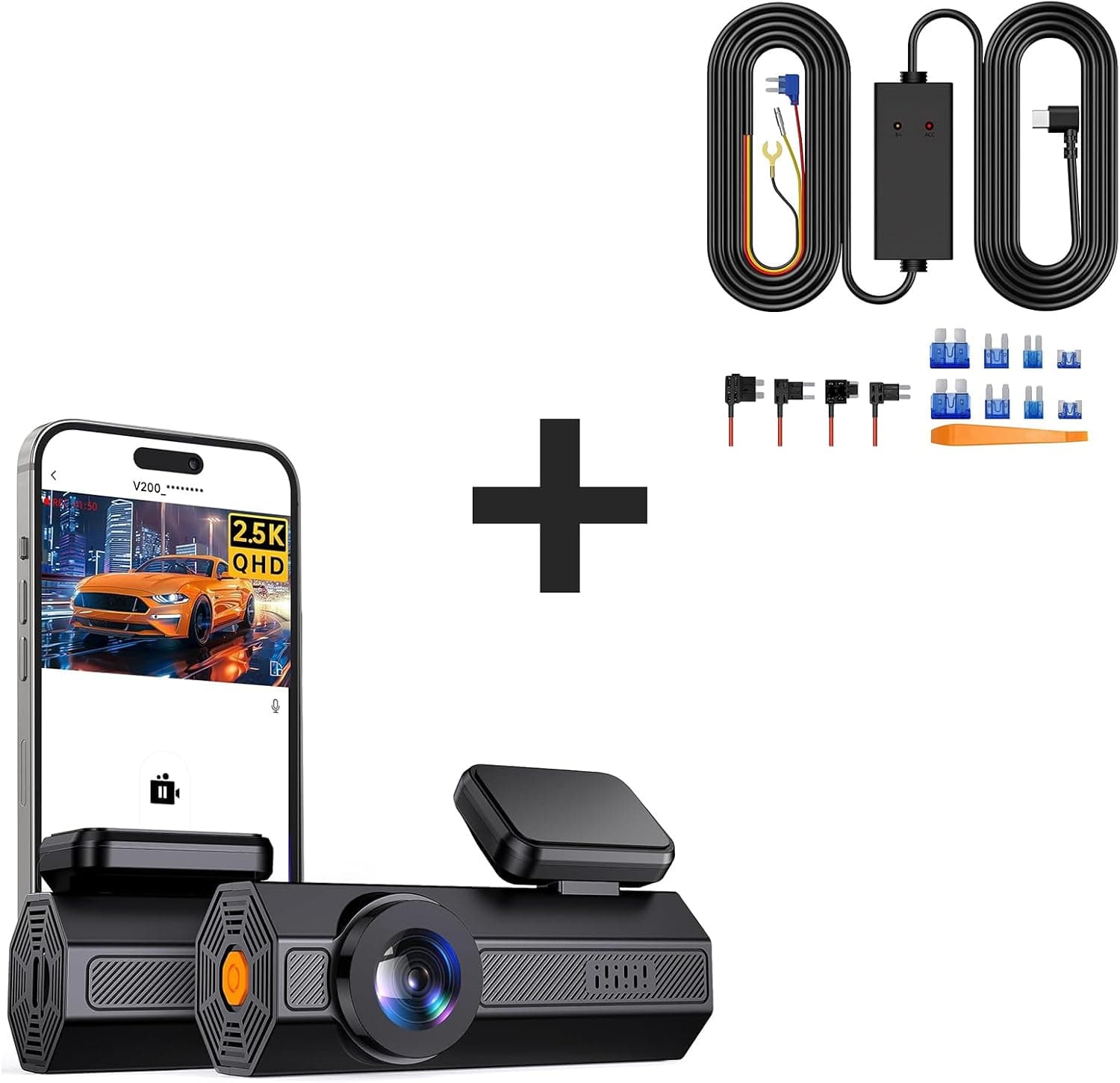 2.5K Dash cam, Dash Camera for Cars, Mini Dashcams with App, Night Vision, G-Sensor, Loop Recording, 24H Parking Mode with 11.5ft Type-C Dash Cam Hardwire Kit (V5F)