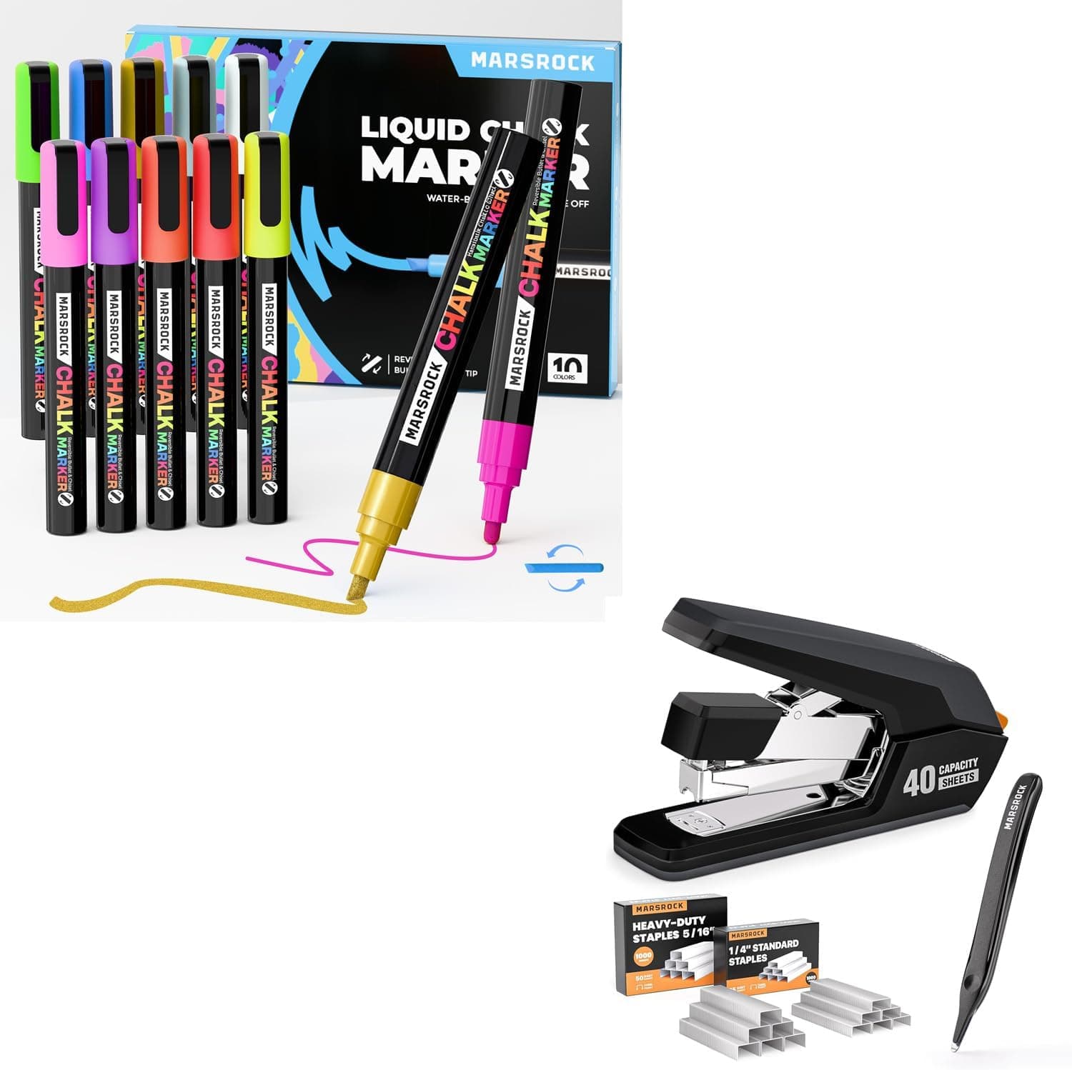 Marsrock Liquid Chalk Markers,10 Vibrant Colors Chalk Pens, Reversible Tip, Wet Erase, Water-Based Chalkboard Markers for Blackboards Effortless Stapler for Desk with 40-50 Sheet Capacity