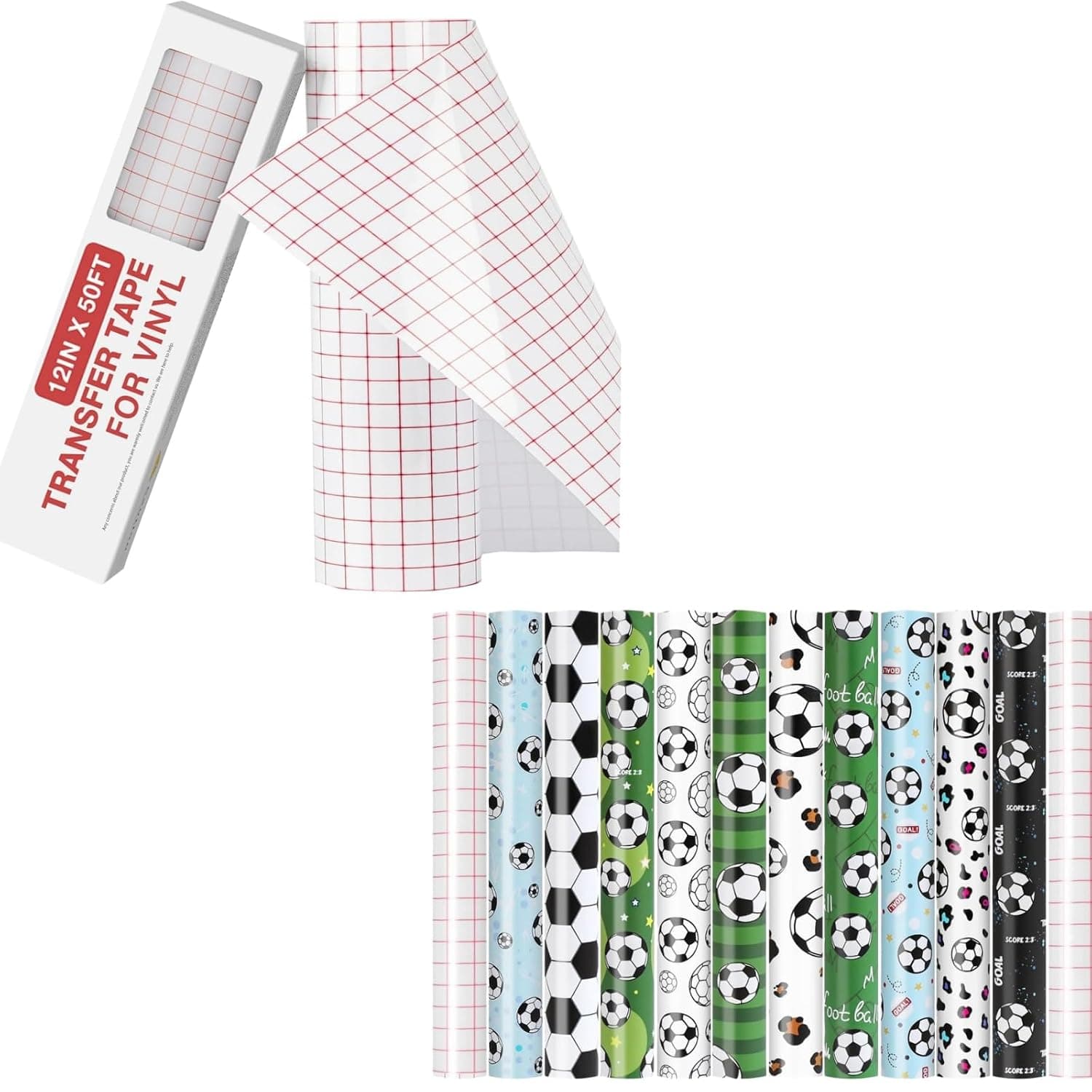 HTVRONT Clear Vinyl Transfer Paper Tape Roll-12 x 50 FT w/Alignment Grid Application Tape & Football Championship Permanent Vinyl - 10 Pcs 12"x10" Soccer Ball Patterns Adhesive Vinyl