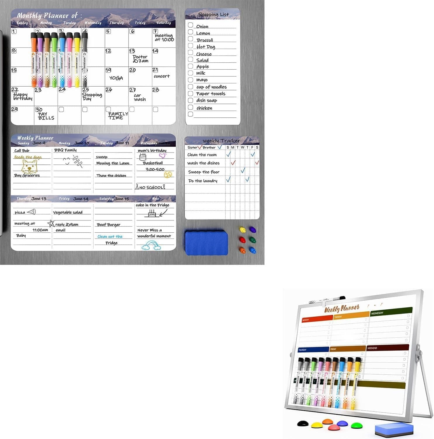 4 Pack Magnetic Dry Erase Calendar Whiteboard for Fridge + Dry Erase White Board with Stand