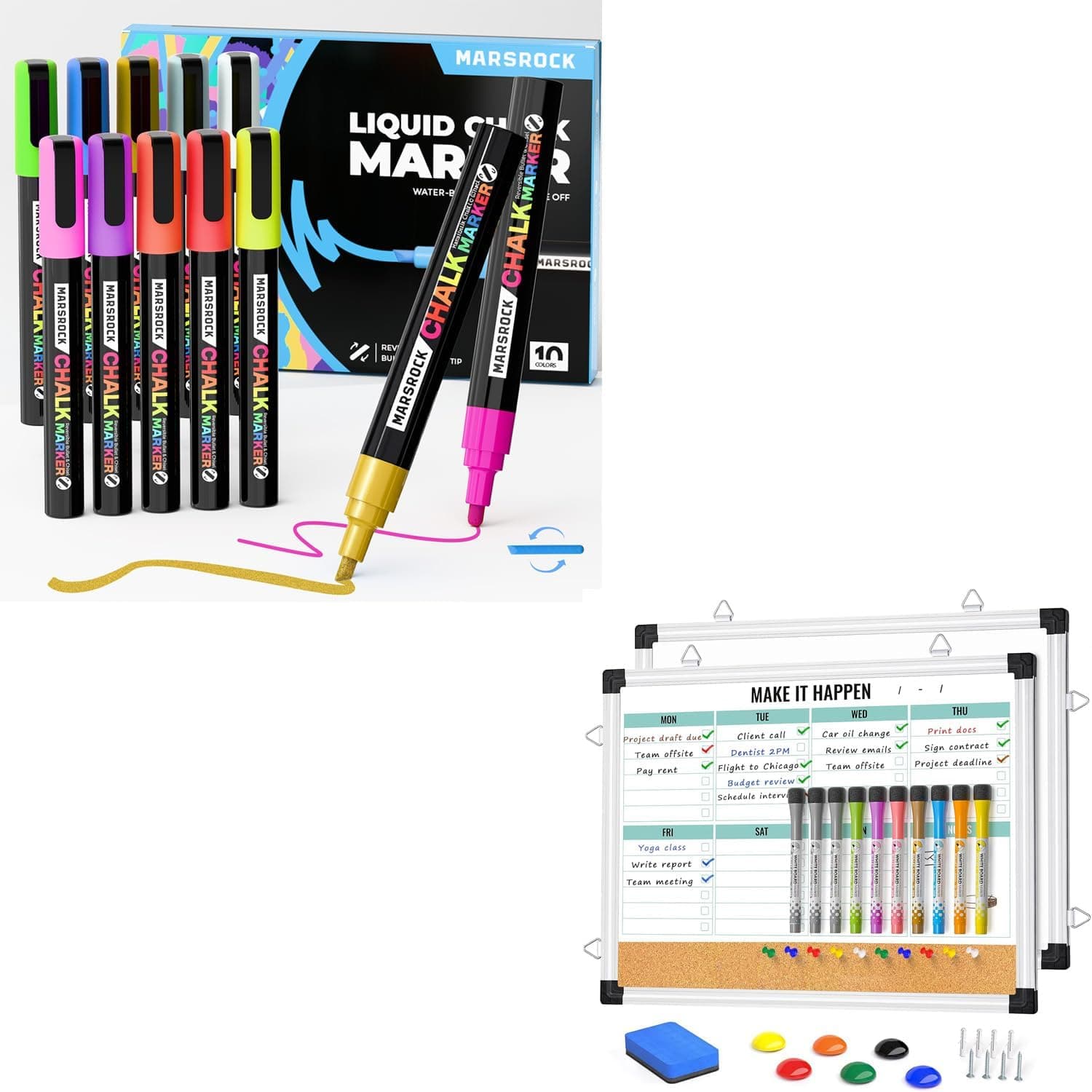 Marsrock Liquid Chalk Markers,10 Vibrant Colors Chalk Pens, Reversible Tip, Wet Erase, Water-Based Chalkboard Markers for Blackboards+Weekly Calendar Whiteboard and Cork Board Combo for Wall