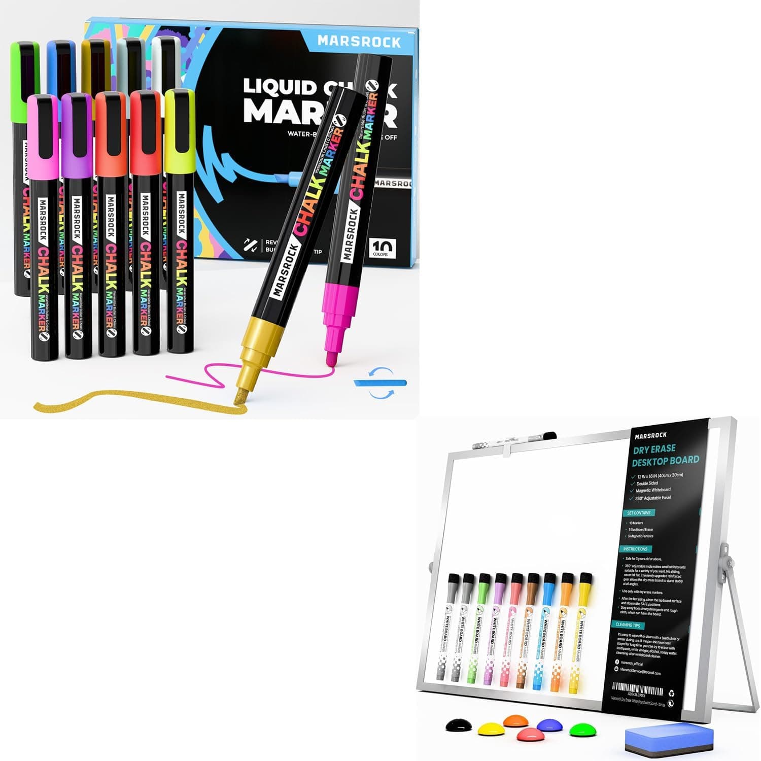 Marsrock Liquid Chalk Markers,10 Vibrant Colors Chalk Pens, Reversible Tip, Wet Erase, Water-Based Chalkboard Markers for Blackboards Dry Erase White Board with Stand