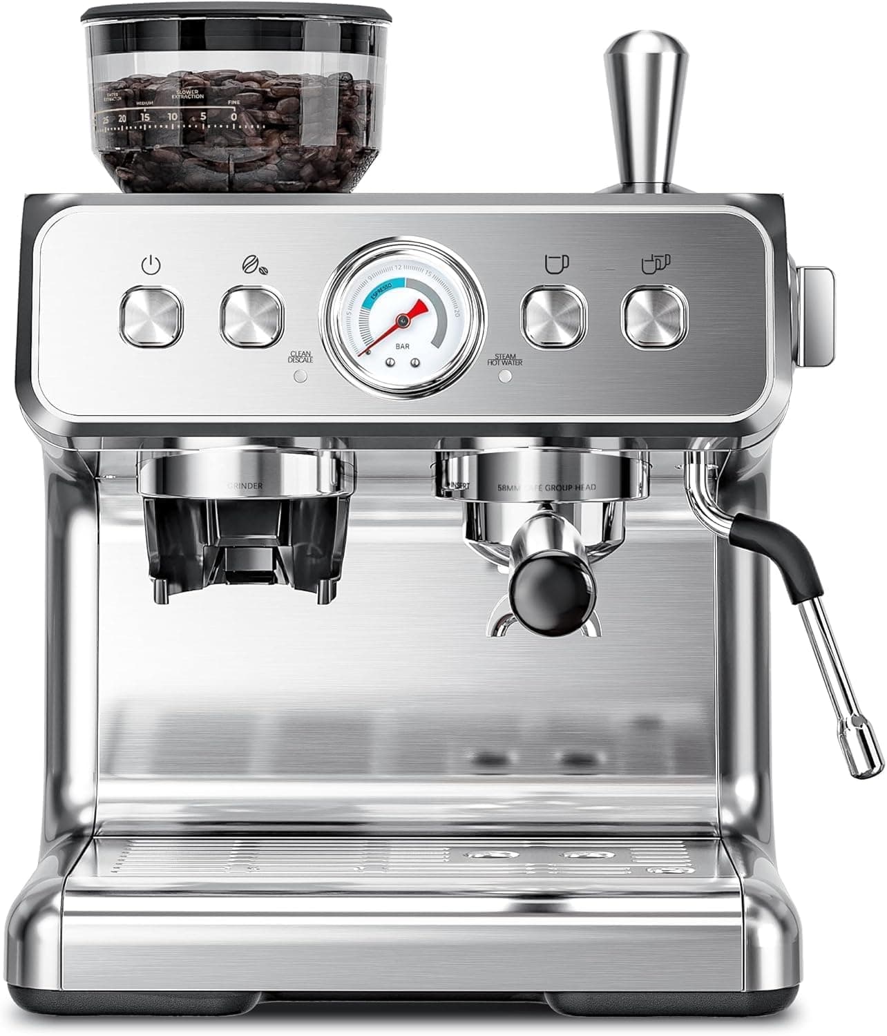 Kismile Espresso Machine with Grinder, 20 Bar Expresso Coffee Machines with Milk Frother, 58mm Expresso Machines for Home, Perfect for Cappuccino & Latte, Brushed Silver