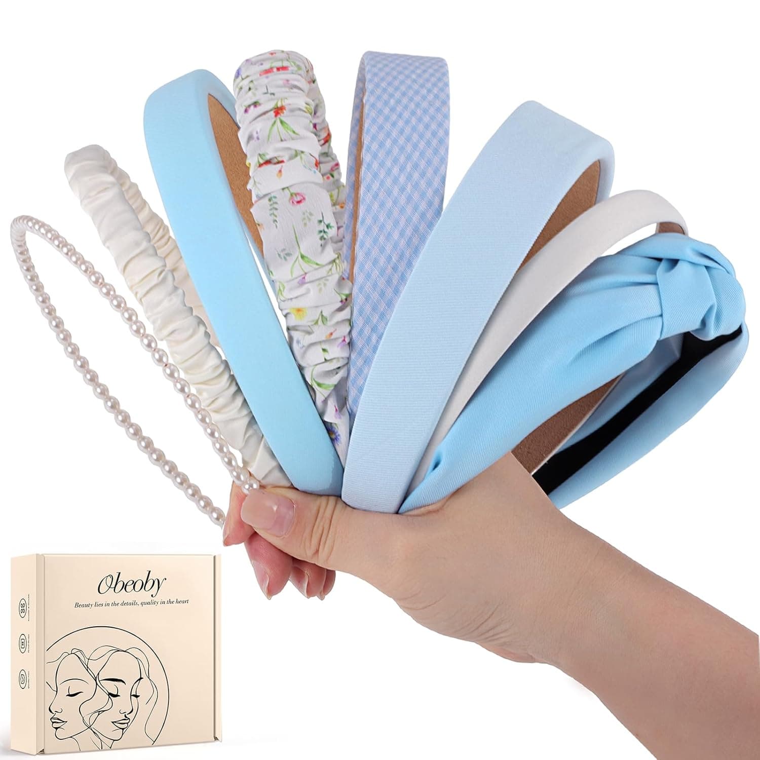 obeoby 8 Pack Blue Plaid Headbands, Trendy Floral Headbands for Bachelorette Pool Party Non Slip Multiple Styles Hairband Gifts for Teen Girls Summer Outfit