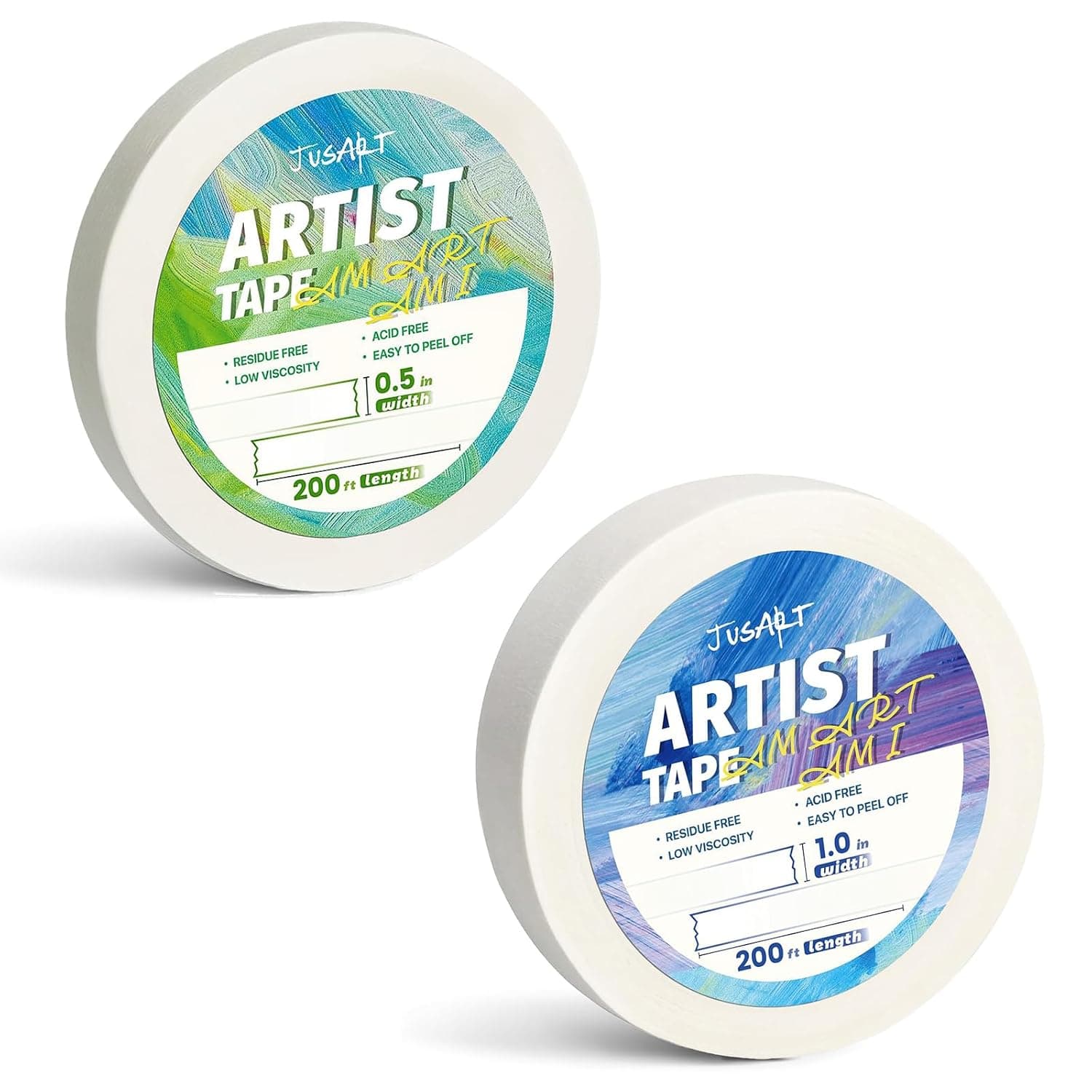 JusArt Artist Tape for Watercolor Paper, 1/2 inch and 1 Inch Wide Total 600FT Long, White Art Tape for Framing, Drawing, Painting, Acid Free, Low Tack