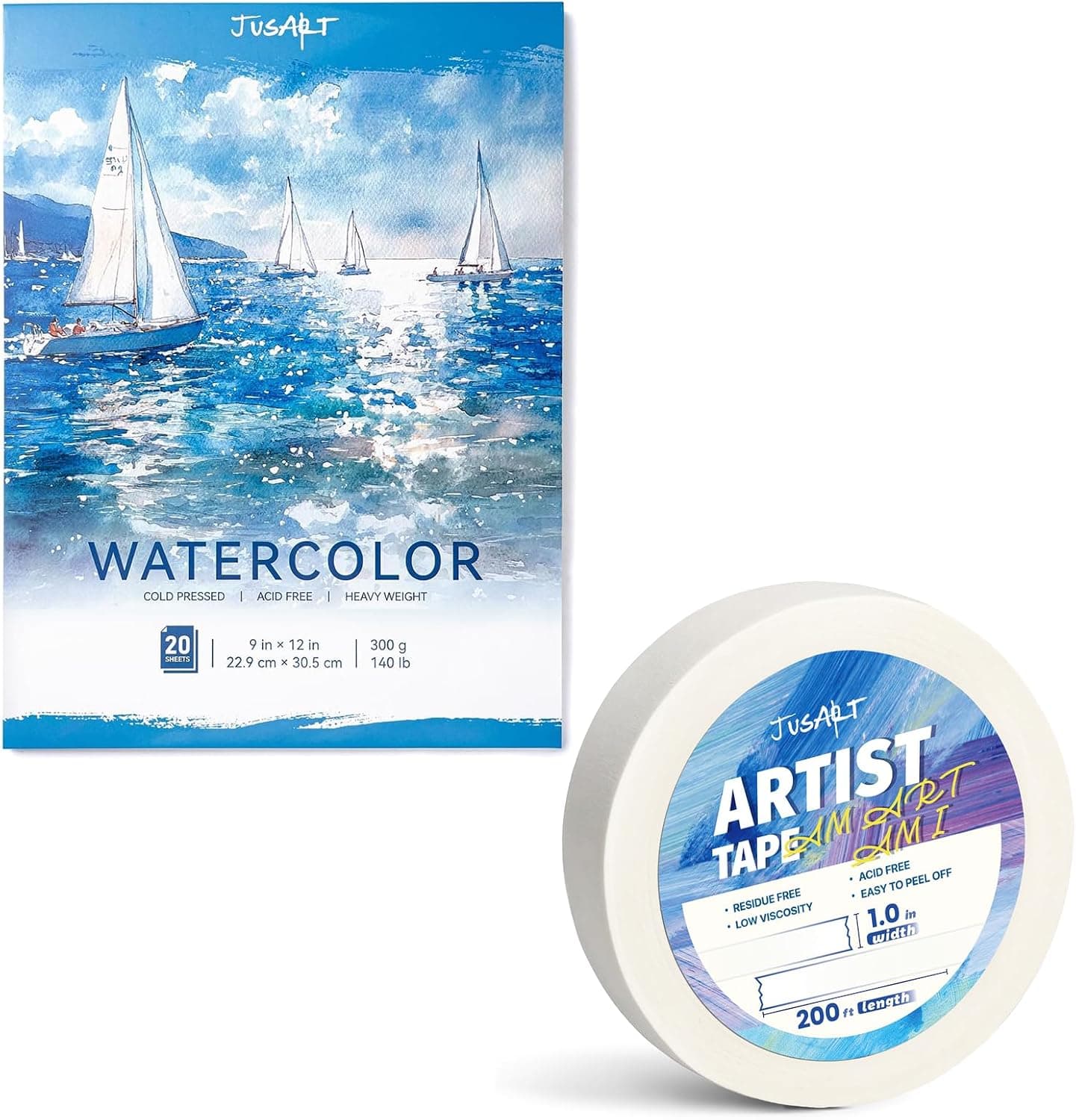 JusArt Watercolor Paper Pad 9"x12", 300gsm/140lb, Cold Press Water Color Paper + 1 inch Artist Tape for Watercolor Paper
