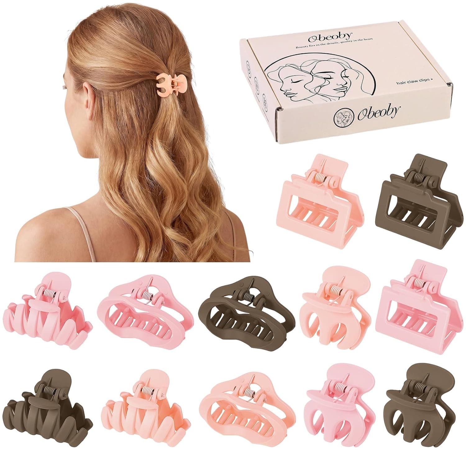 Obeoby 12 Pcs Small Hair Claw Clips for Thin Hair, 1.6 Inch Barrettes for Women and Girls Short Half-up Hair Accessories (Dark Pink,Light Pink,Brown)