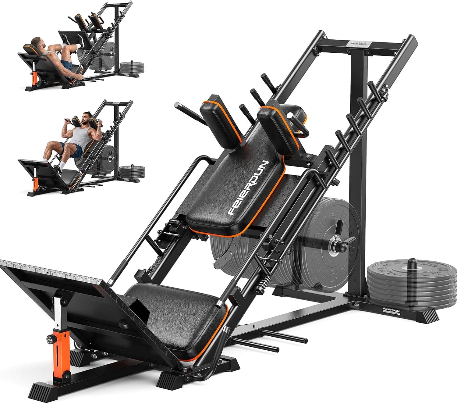 FEIERDUN 3‑in‑1 Leg Press Hack Squat Machine with Ultra-Quiet Pulley System – Adjustable Leg Press Machine for Home Gym with Stretch Board & Full Range of Motion
