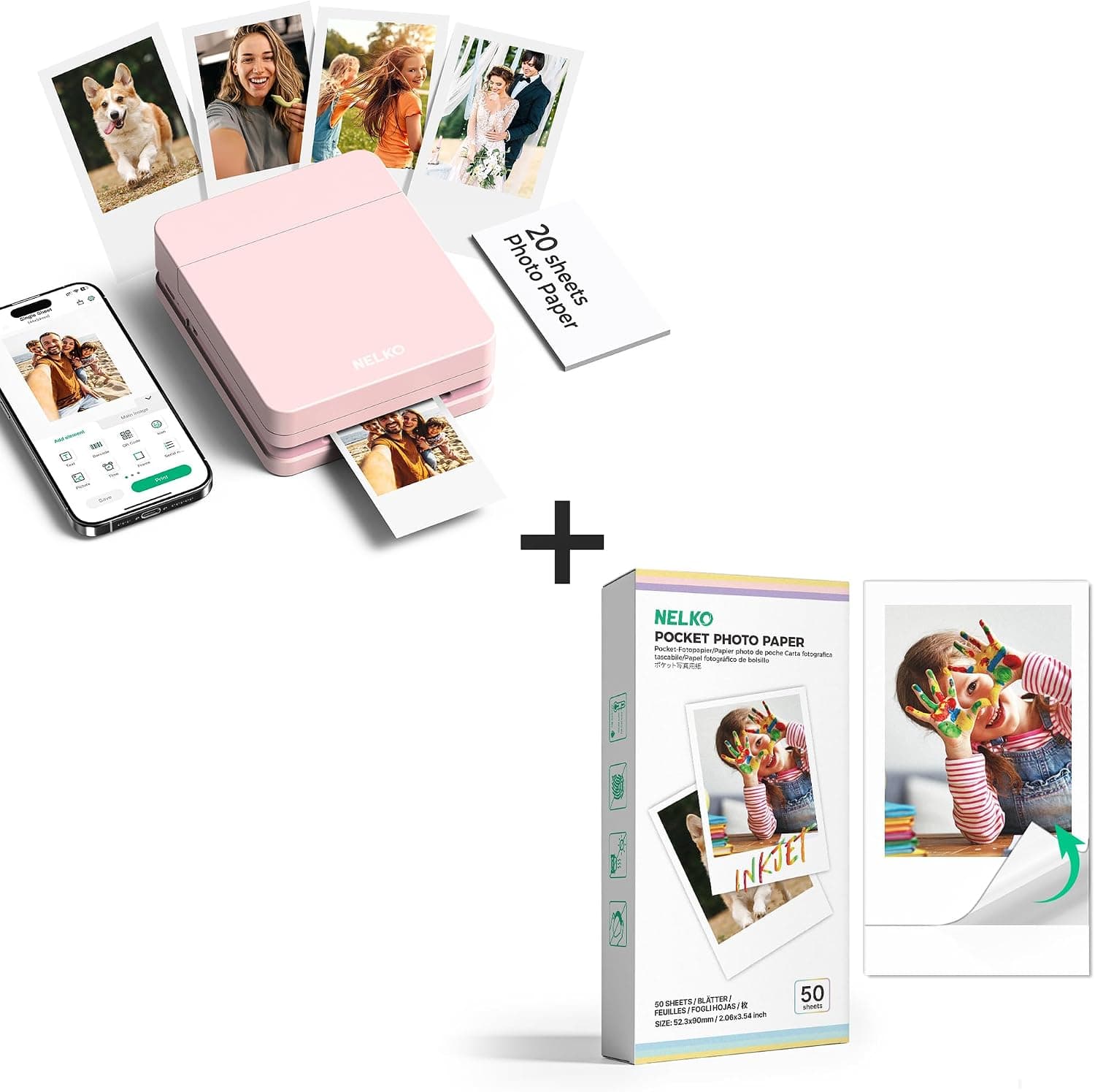 Nelko Photo Printer, PP01 Color Portable Mini Photo Printer, Instant Smartphone Inkjet Sticker Printer, Sticky-Back Photos, for iOS & Android, Picture Printer with 50 Sheets Photo Paper, Pink