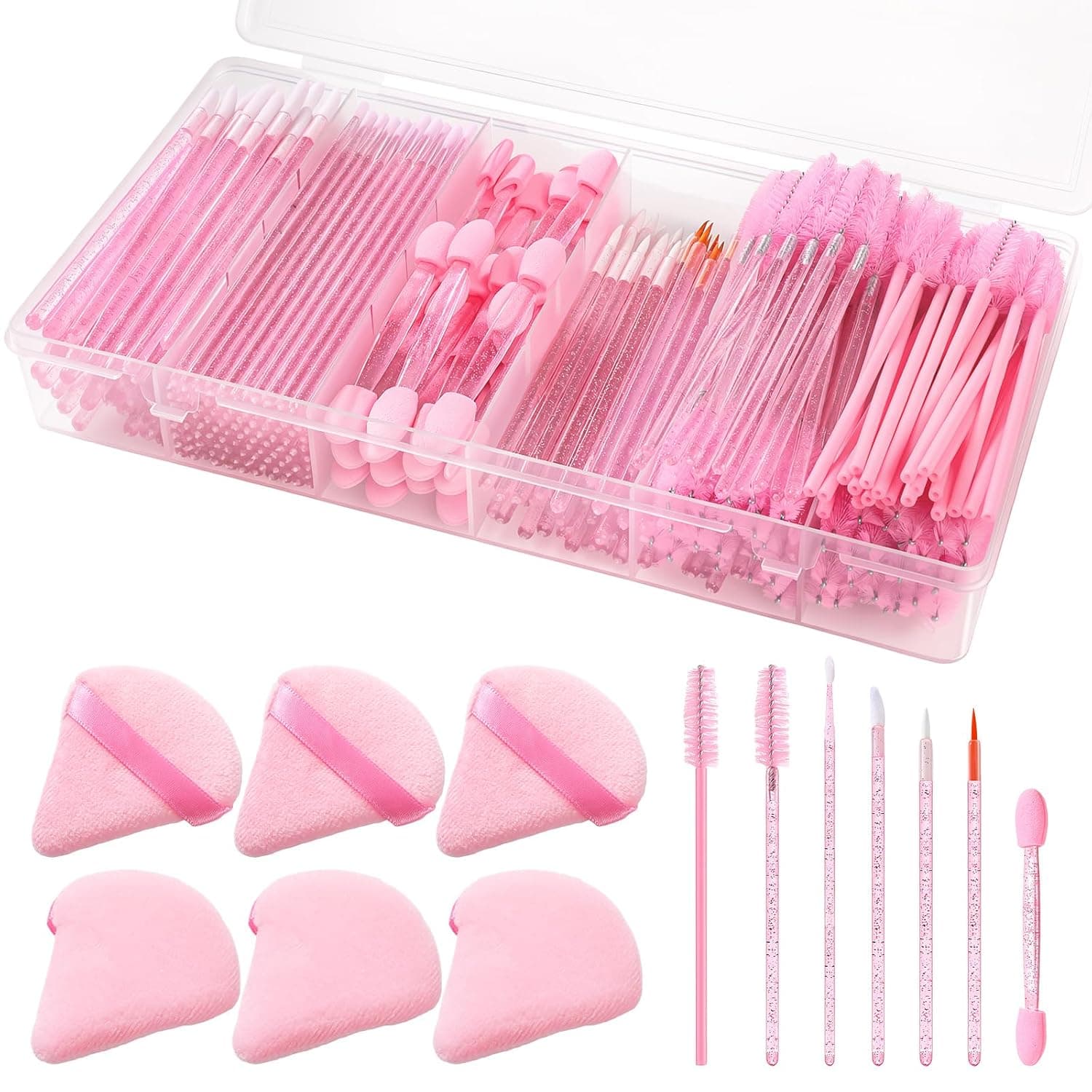 BESARME 300 Pcs Pink Disposable Makeup Applicators Tools with Triangle Puffs, Lip Applicators Eyeliner Brushes Mascara Wands Makeup Artist Kit Essentials with Box