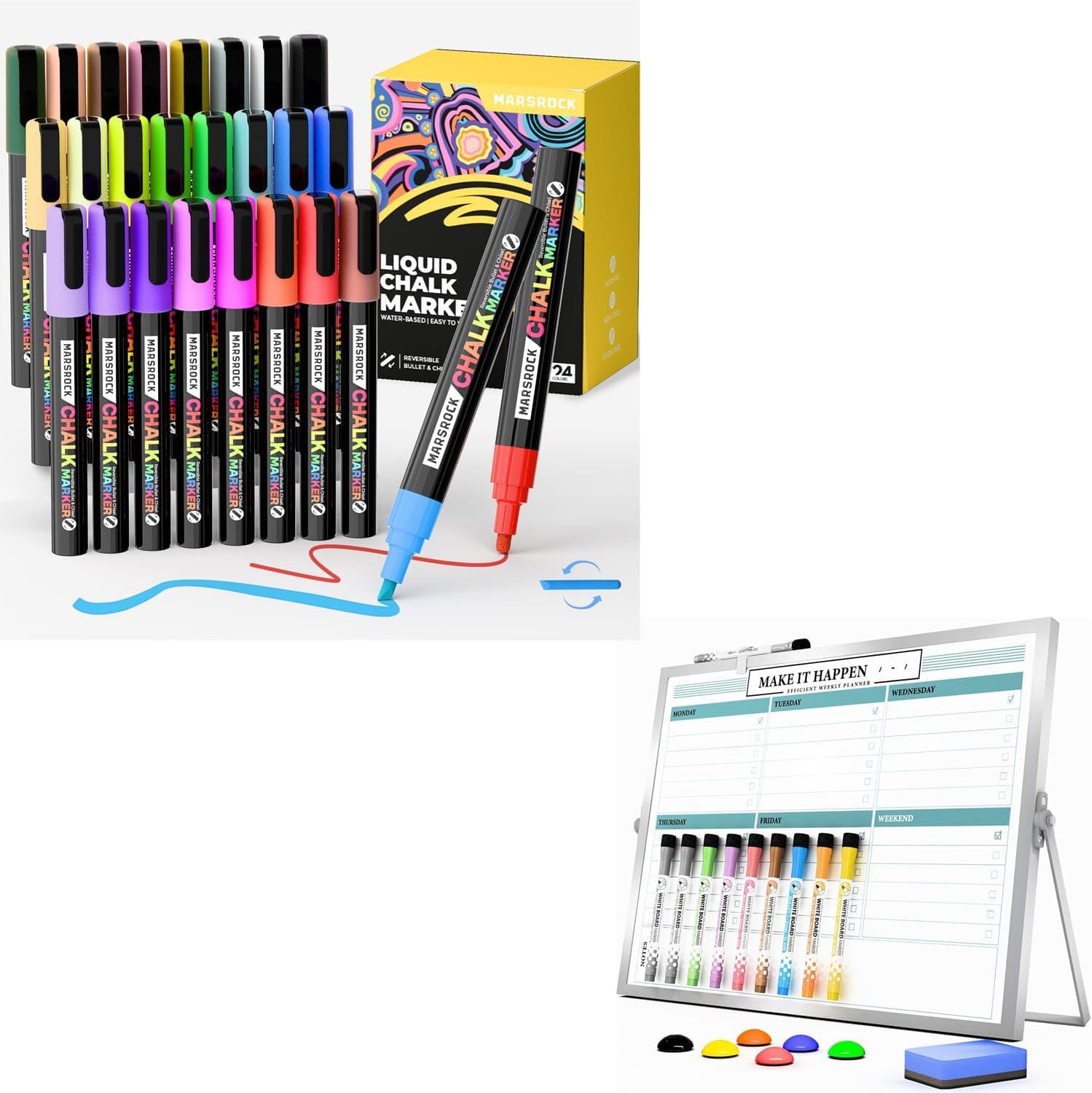 Marsrock Liquid Chalk Markers,24 Vibrant Colors Chalk Pens, Reversible Tip, Wet Erase, Water-Based Chalkboard Markers for Blackboards Dry Erase White Board with Stand