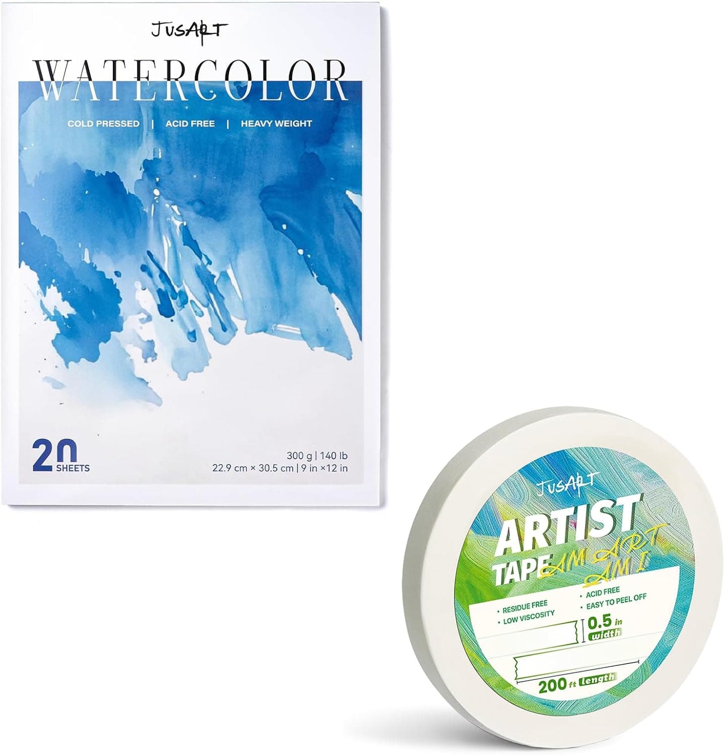 JusArt Watercolor Paper Pad 9"x12", 300gsm/140lb+Artist Tape for Watercolor Paper, 1/2 inch Wide 200FT Long
