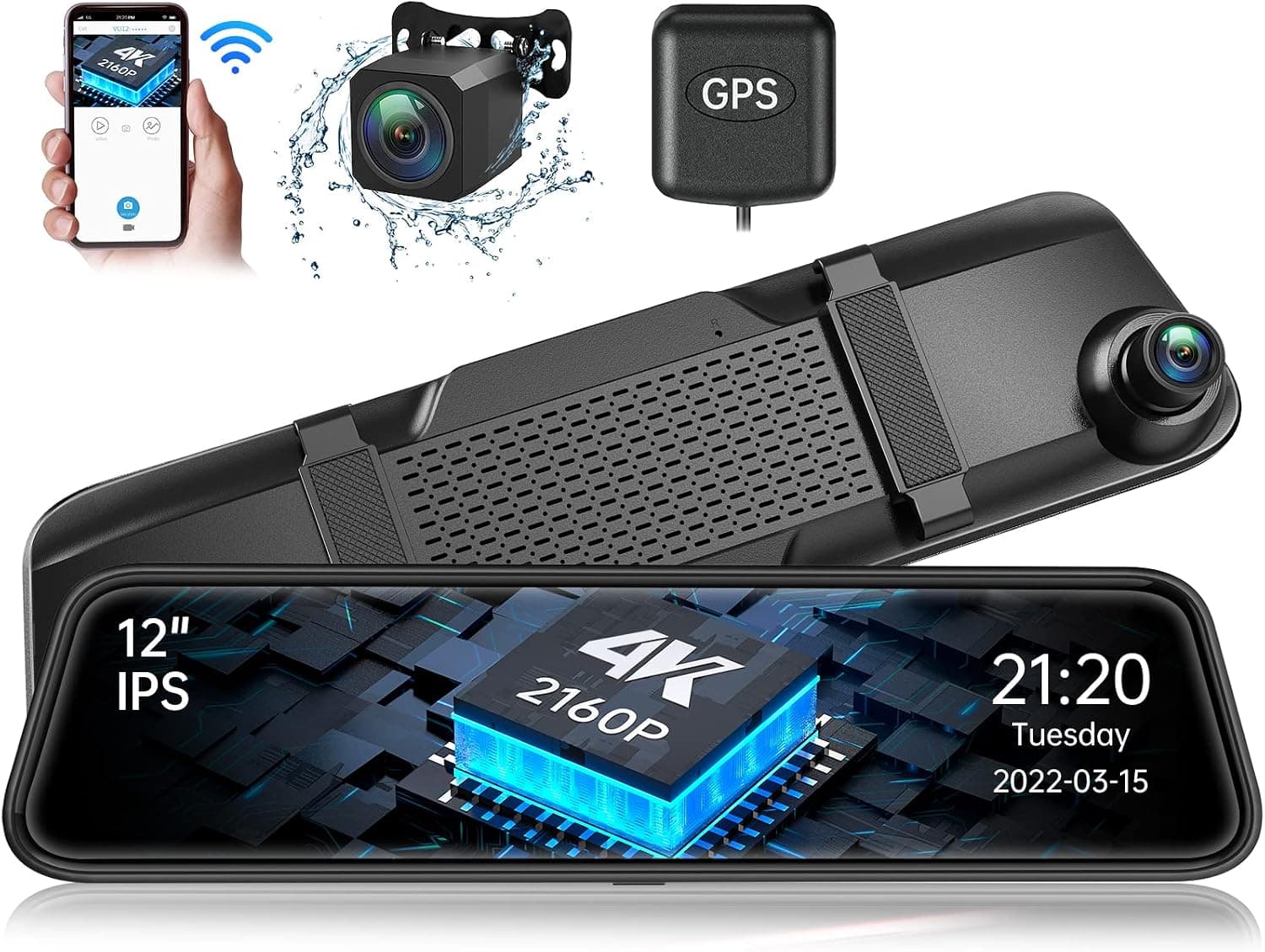 4K WiFi Mirror Dash Cam, Veement 12" Front and Rear View Mirror Camera with GPS for Car, Sony Starvis Sensor, Voice Control, Waterproof Reverse Backup Camera, Enhanced Night Vision, Parking Assistance