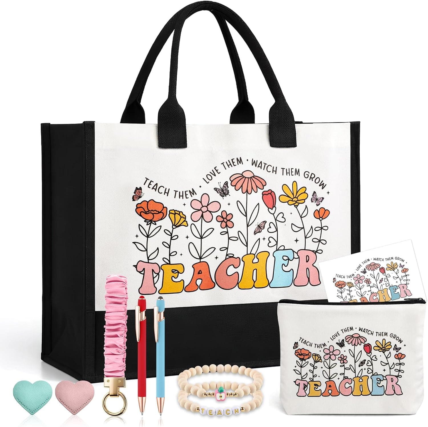 BESARME Teacher Appreciation Gifts Women Set of 10 Tote Bag Zippered Pouch Bookmarks Bracelets Pens Card Scrunchie Keychain Wristlet- End of Year Thank You Gifts Teacher Retirement Birthday