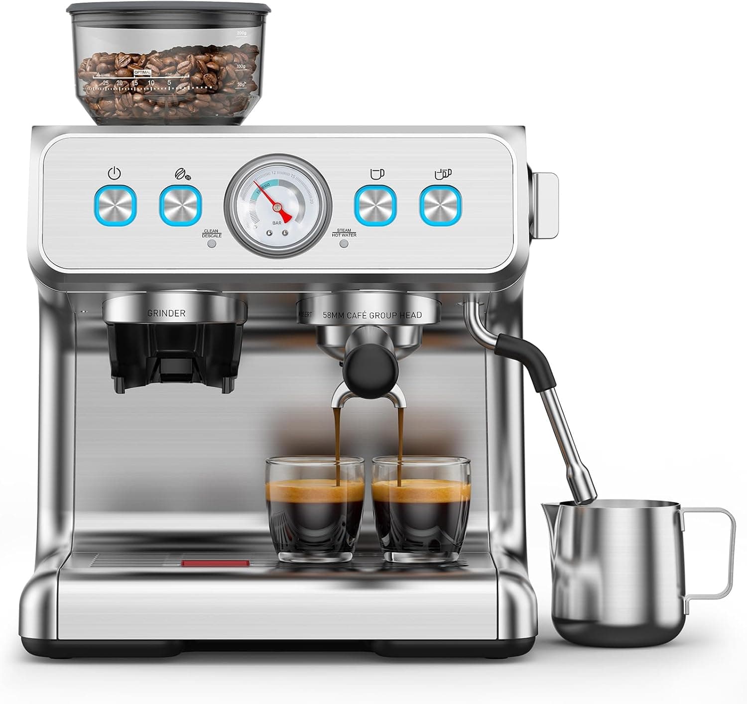 Espresso Machine with Grinder,Expresso Coffee Machines, Professional Coffee Maker for Latte & Cappuccino with Milk Frother, Expresso Machines for Home, Removable Water Tank, Steam Wand-Silver