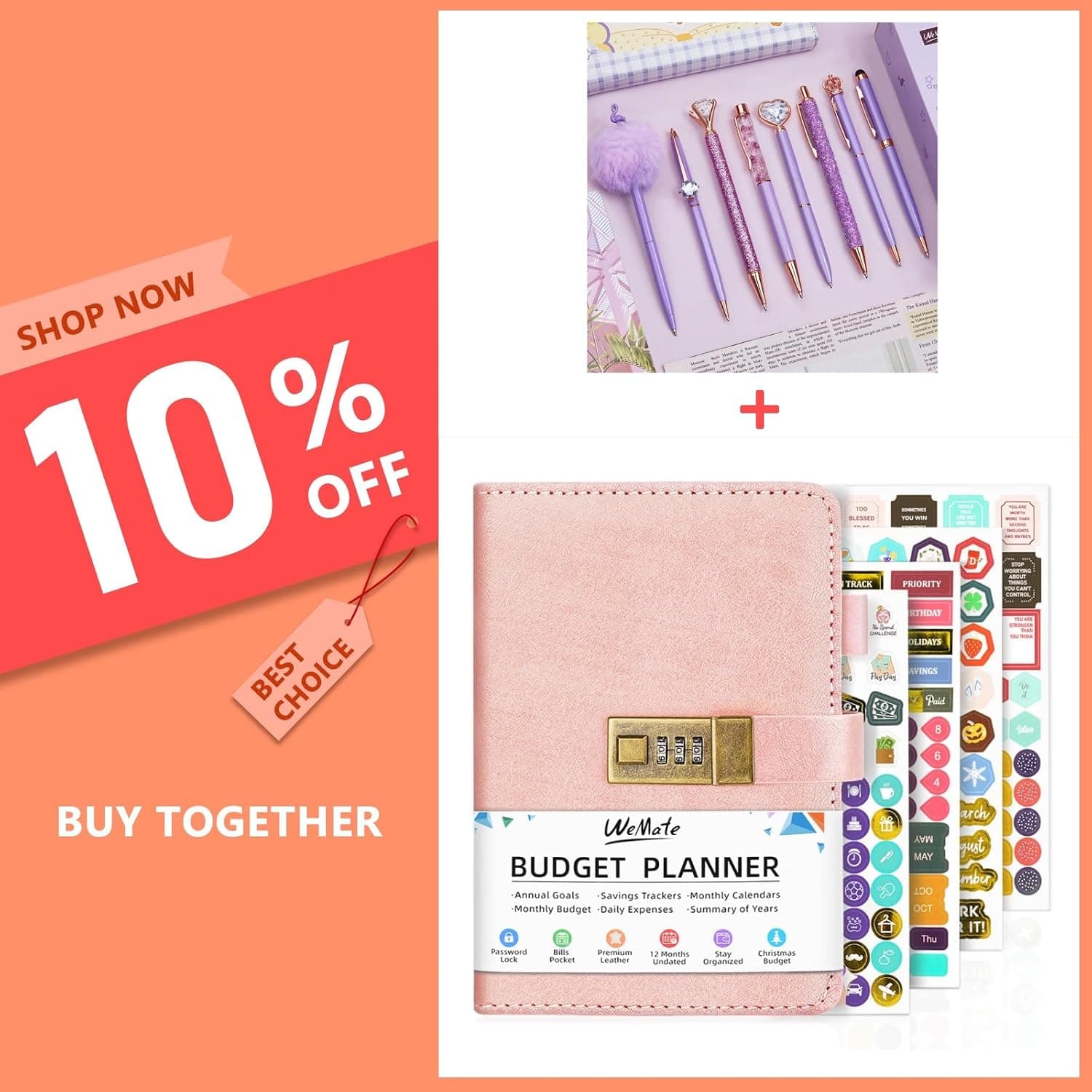 WEMATE Budget Planner & Budget Book with Password Lock + 8Pcs Ballpoint Pens Set Purple Pens Set