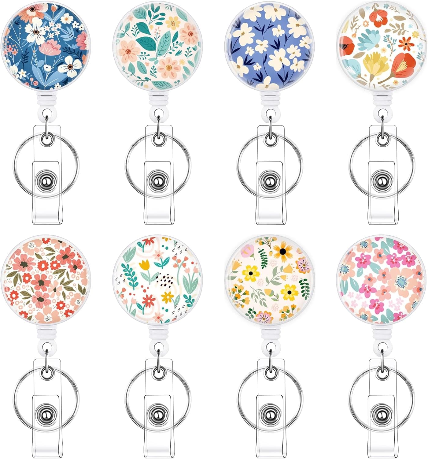 BESARME 8 Pack Badge Reels Retractable Badge Clip with Key Ring Retractable Badge Holders for Office Worker Teacher Nurse Student