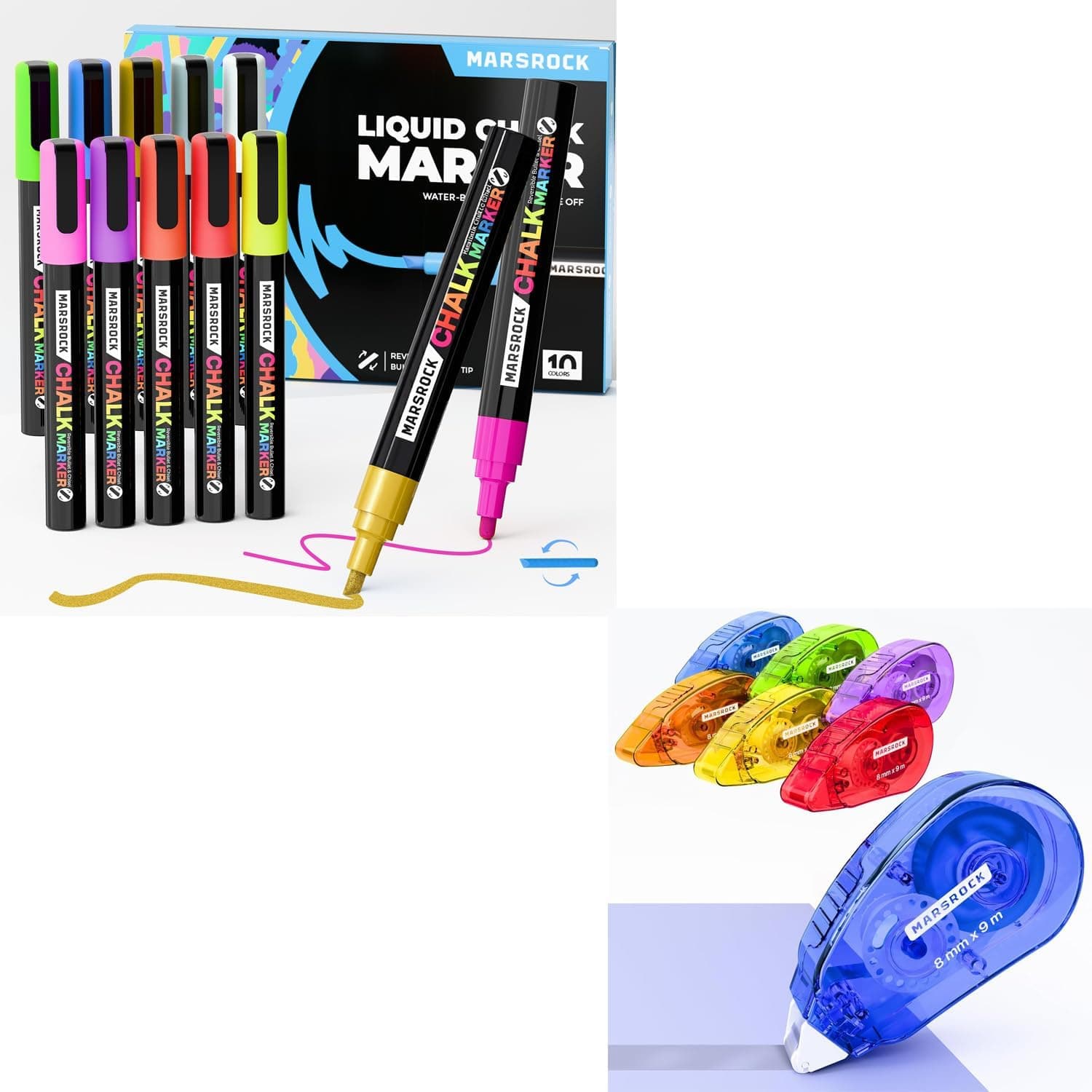 Marsrock Liquid Chalk Markers,10 Vibrant Colors Chalk Pens, Reversible Tip, Wet Erase, Water-Based Chalkboard Markers for Blackboards Double-Sided Tape Roller for Scrapbooking 6-Pack
