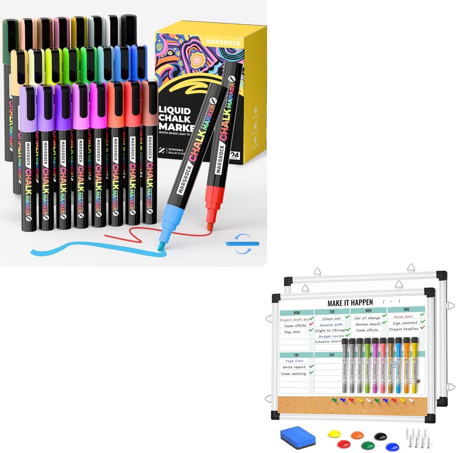 Marsrock Liquid Chalk Markers,24 Vibrant Colors Chalk Pens, Reversible Tip, Wet Erase, Water-Based Chalkboard Markers for Blackboards Weekly Calendar Whiteboard and Cork Board Combo for Wall