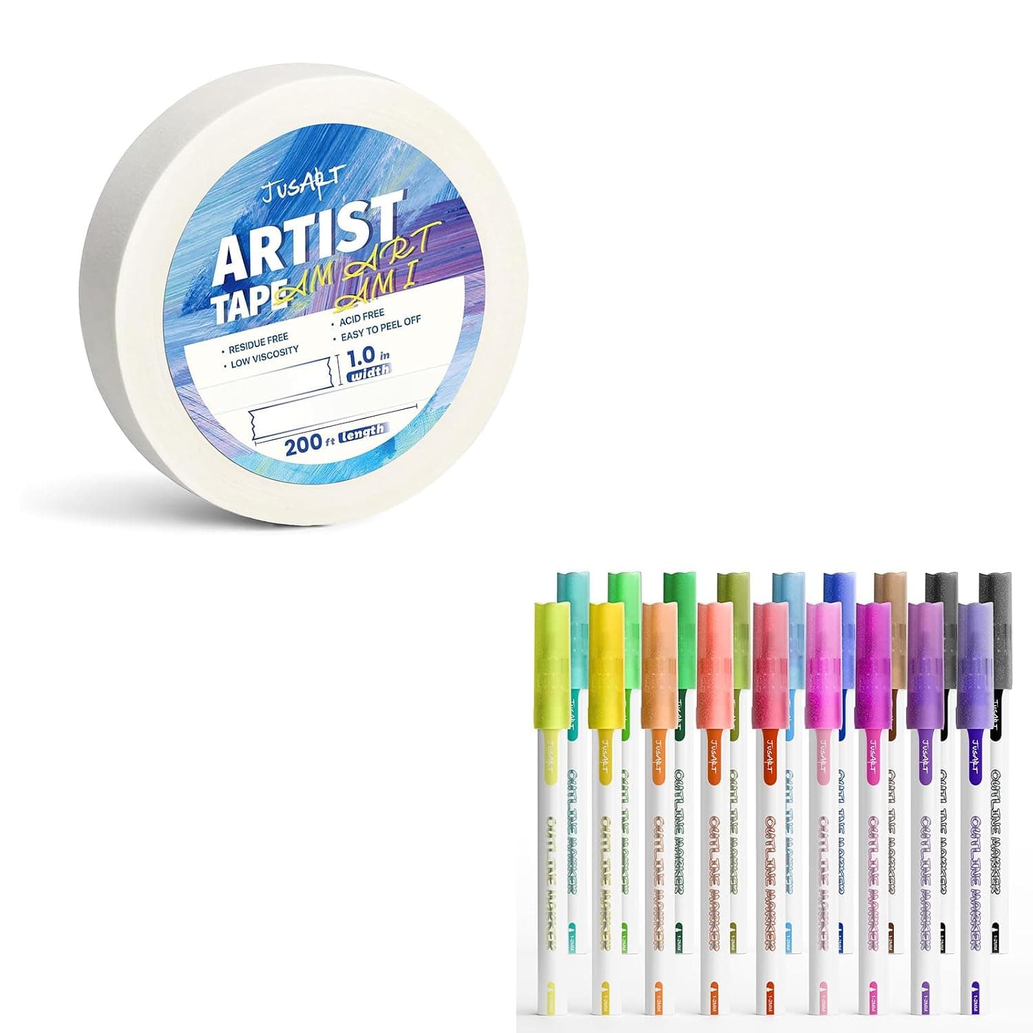 JusArt Artist Tape for Watercolor Paper 1inch Wide 200FT Long + Outline Sparkle Markers 18 Colors