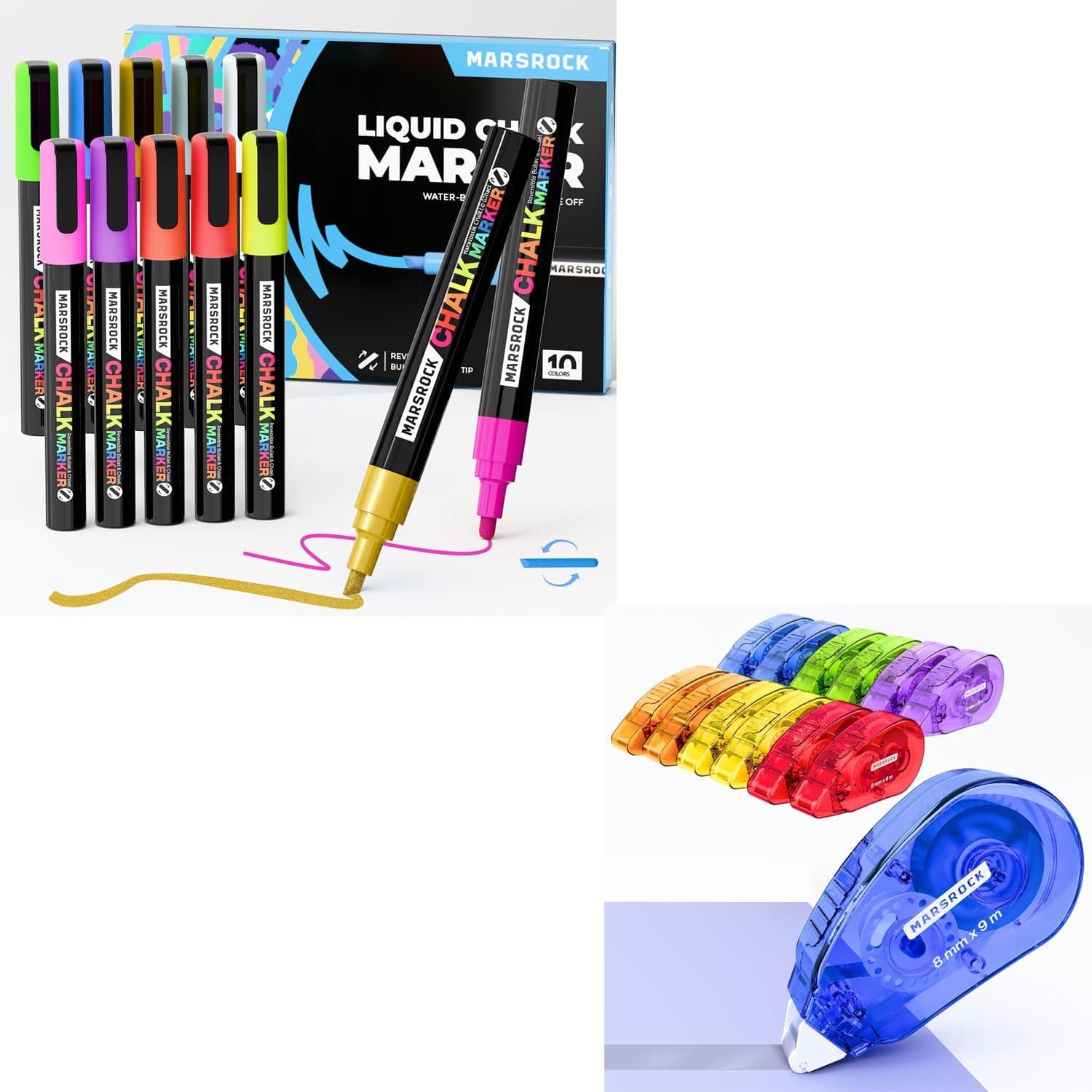 Marsrock Liquid Chalk Markers,10 Vibrant Colors Chalk Pens, Reversible Tip, Wet Erase, Water-Based Chalkboard Markers for BlackboardsMarsrock Double-Sided Tape Roller for Scrapbooking 12-Pack