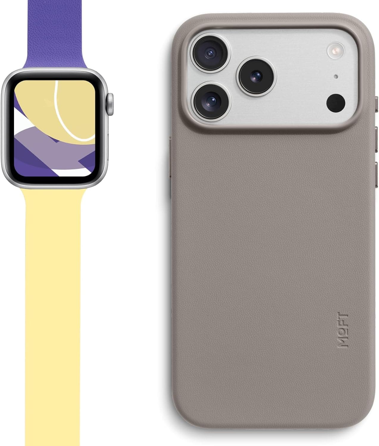 MOFT Snap Duo Watch Bands Compatible with Apple Watch 42mm(S3-1)/44mm/45mm/46mm/49mm Strike Yellow x Poise Purple & MOVAS Snap Case for iPhone 17 Pro Max Taupe