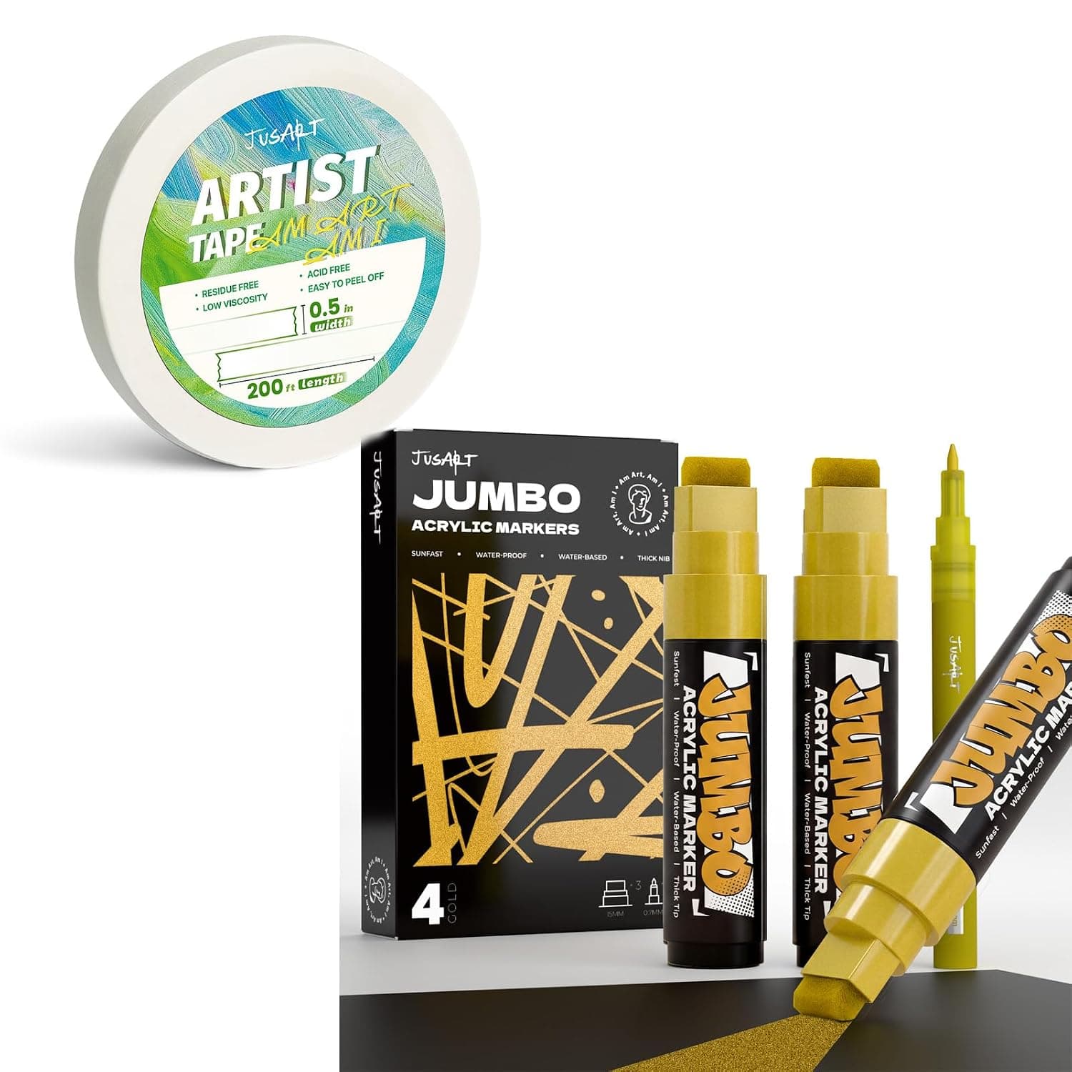 JusArt 1/2 inch Wide 200FT Long Artist Tape 4 Pcs Gold Jumbo Poster Marker Set, 15mm and 0.7mm Fine Tip
