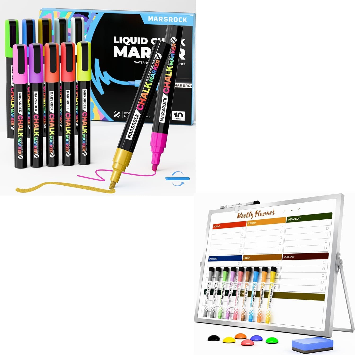 Marsrock Liquid Chalk Markers 10 Vibrant Colors Chalk Pens Dry Erase White Board with Stand,Double-Sided Weekly Whiteboard 16"x12"