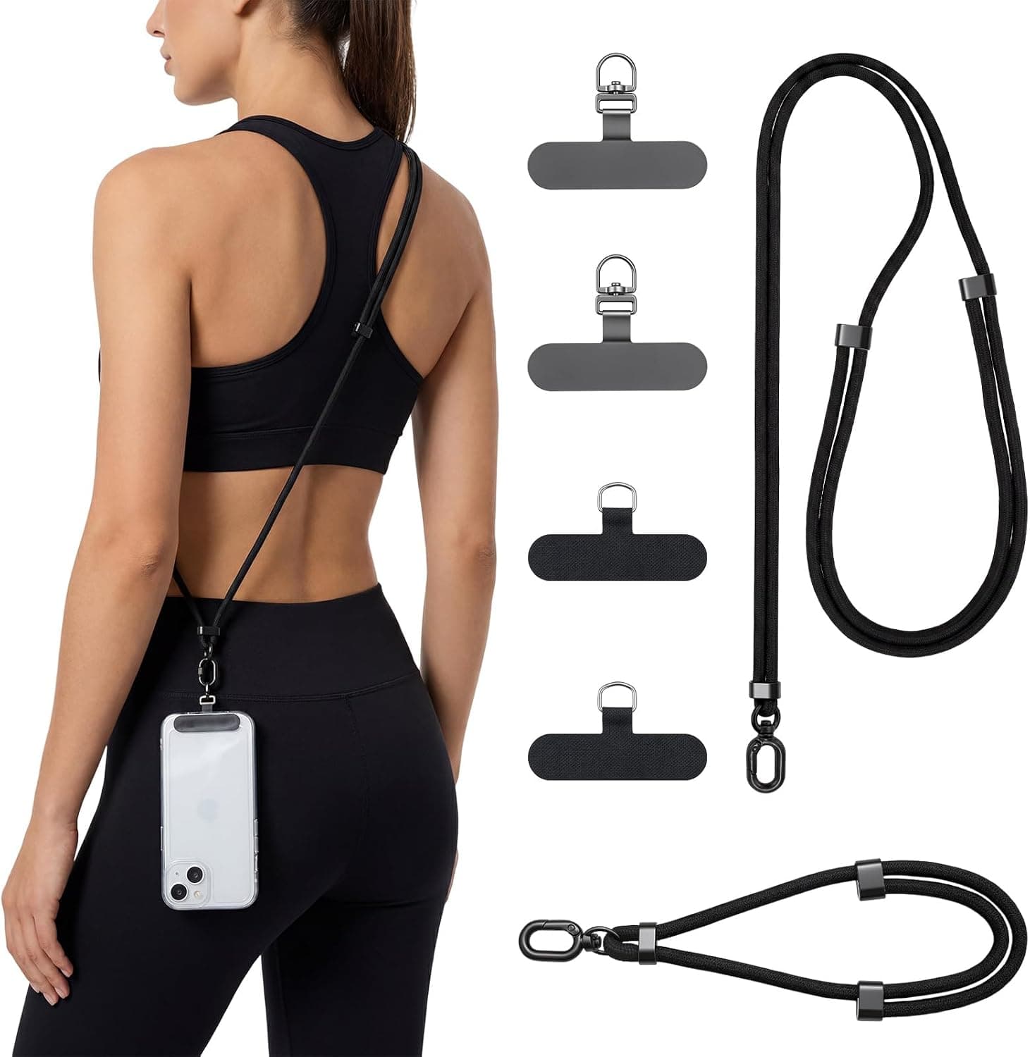 BESARME Phone Lanyard Set 2 Pack Adjustable Crossbody Wrist Straps Black - with 2 Patches and 2 Rotating Steel Tabs for Hands-Free Carry on Travel Hiking Shopping and Daily Commuting