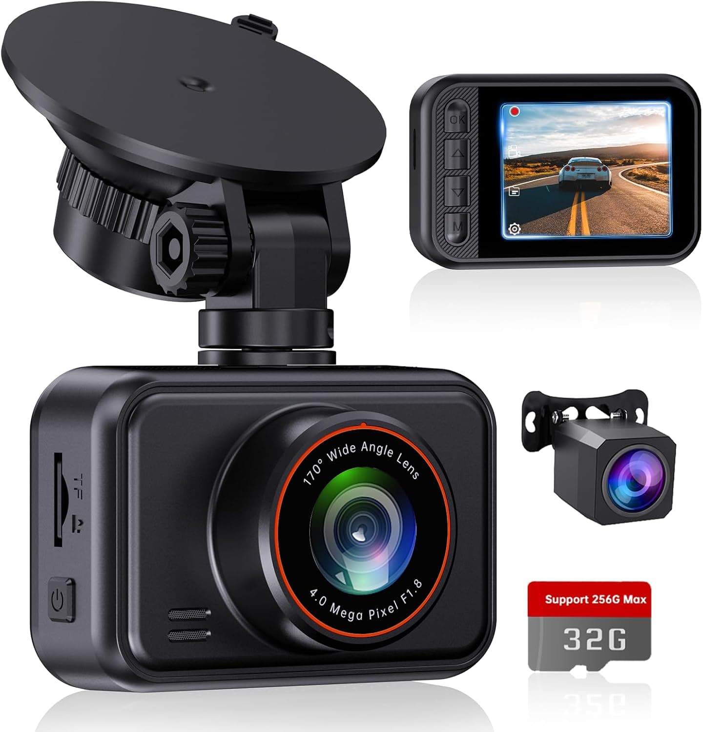 2.5K Front + 1080P Rear Dual Dash Cam, WDR Night Vision, 130° Wide Angle, Parking Monitor, G-Sensor, Loop Recording, Supercapacitor, 32GB Card Included, Supports 256GB Max